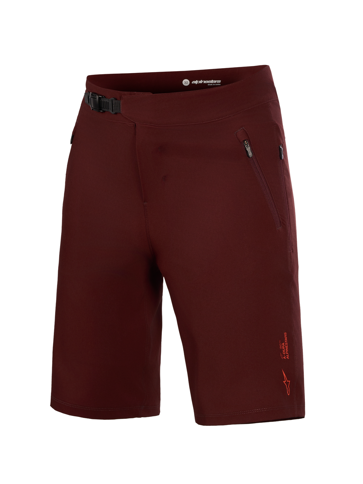 Alpinestars A-Dura Ride Shorts, bordeauxfärgade MTB-shorts med säkert ratchetförslutning och slitstarkt funktionstyg.