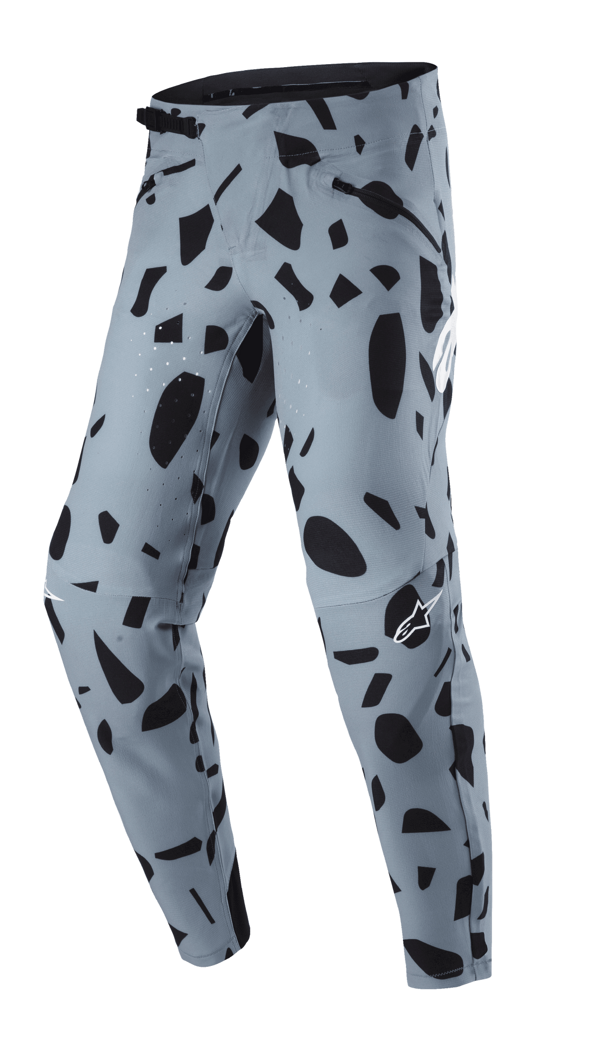 Alpinestars Techstar Envision byxor, MTB-byxor, askblå med svart abstrakt mönster, spännbandsmidja och fickor med dragkedja, laserperforerad ventilation för god andningsförmåga, designade för mountainbike-cykling