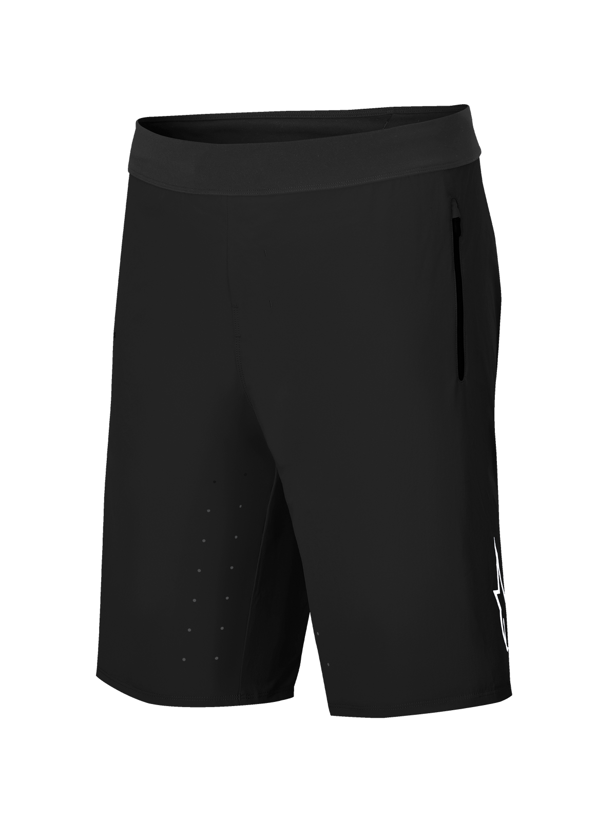 Alpinestars A-Aria Lite Short, Mountain Bike Cycling Shorts, Black, featuring a wide waistband, side zippered pocket, laser-cut ventilation holes on the inner thigh, and white Astars logo branding, performance trail gear