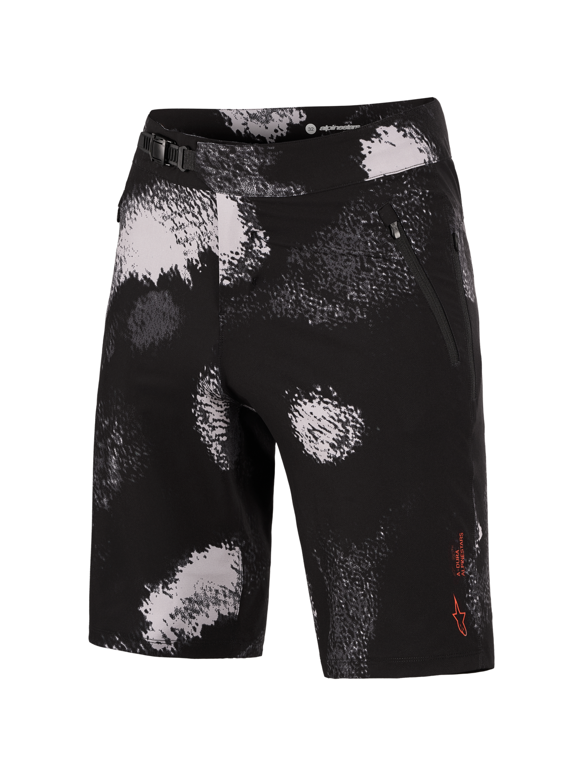 Alpinestars A-Dura Ride Shorts in Black Camo, durable MTB shorts with 4-way stretch and a secure ratchet waist closure.