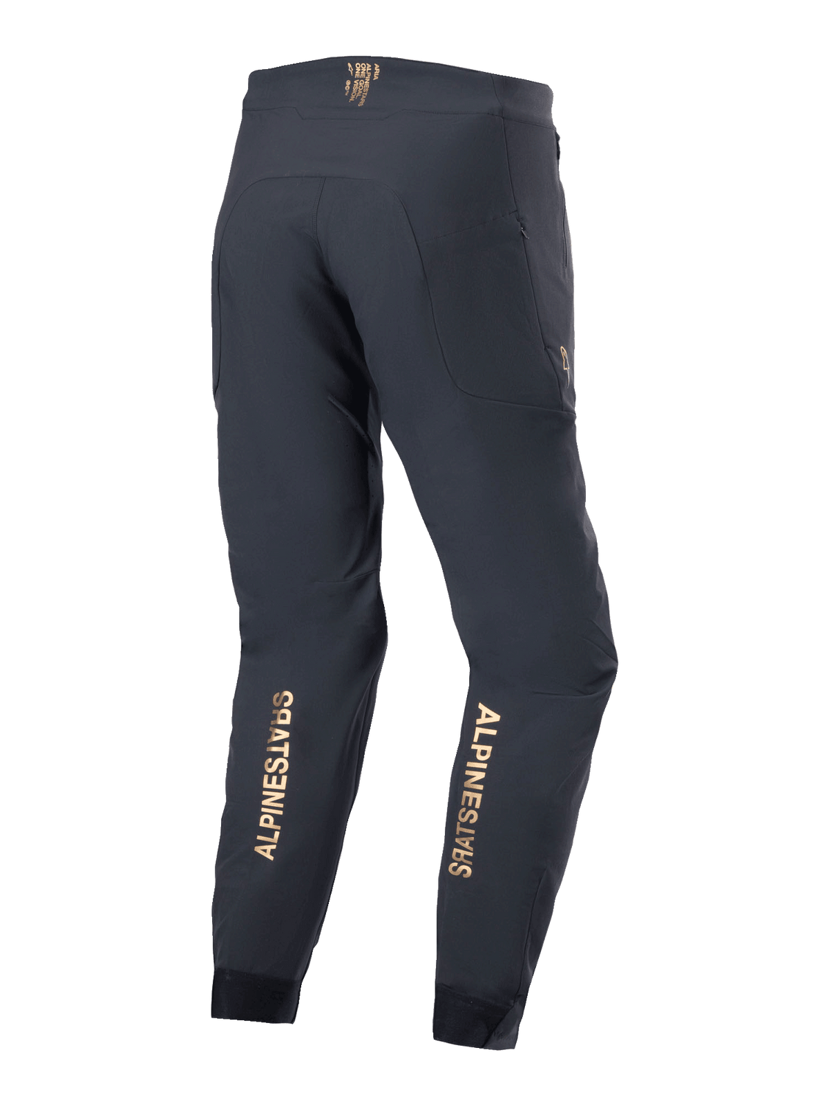 Alpinestars A-Aria Elite byxor, mountainbikebyxor, svarta, bakifrån med vertikala logotyper i guld på underbenen, prestandapassform med fukttransporterande midjeband och blixtlåsförsedda fickor, designade för terrängcykling