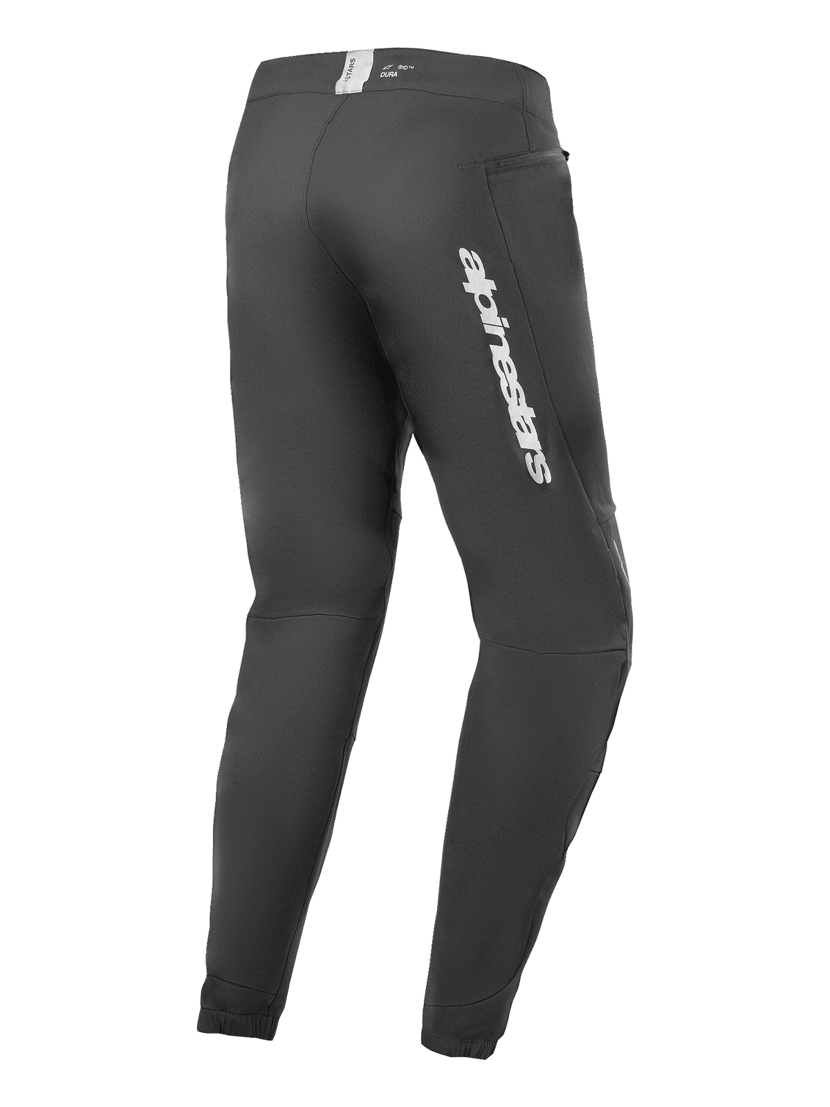 Alpinestars A-Dura Elite-byxor, mountainbikebyxor, svarta, vy snett bakifrån med Alpinestars-logotyp i silver på låret, ficka med dragkedja och elastiska muddar, slitstark teknisk utrustning för MTB