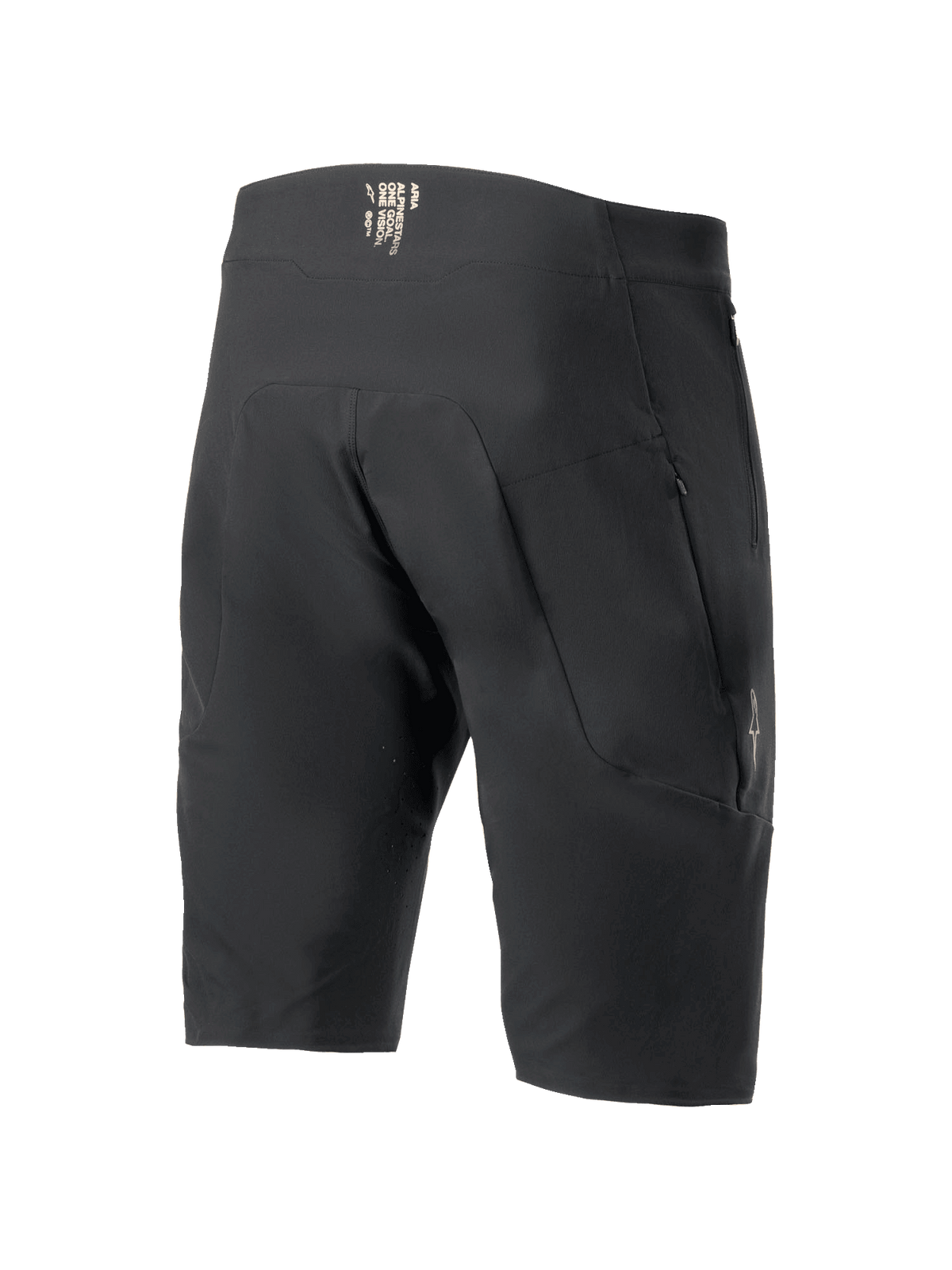 Alpinestars A-Aria Elite Shorts, MTB-shorts, svarta, vy bakifrån som visar fickor med blixtlås och logotyp på linningen, teknisk prestandapassform för terrängcykling