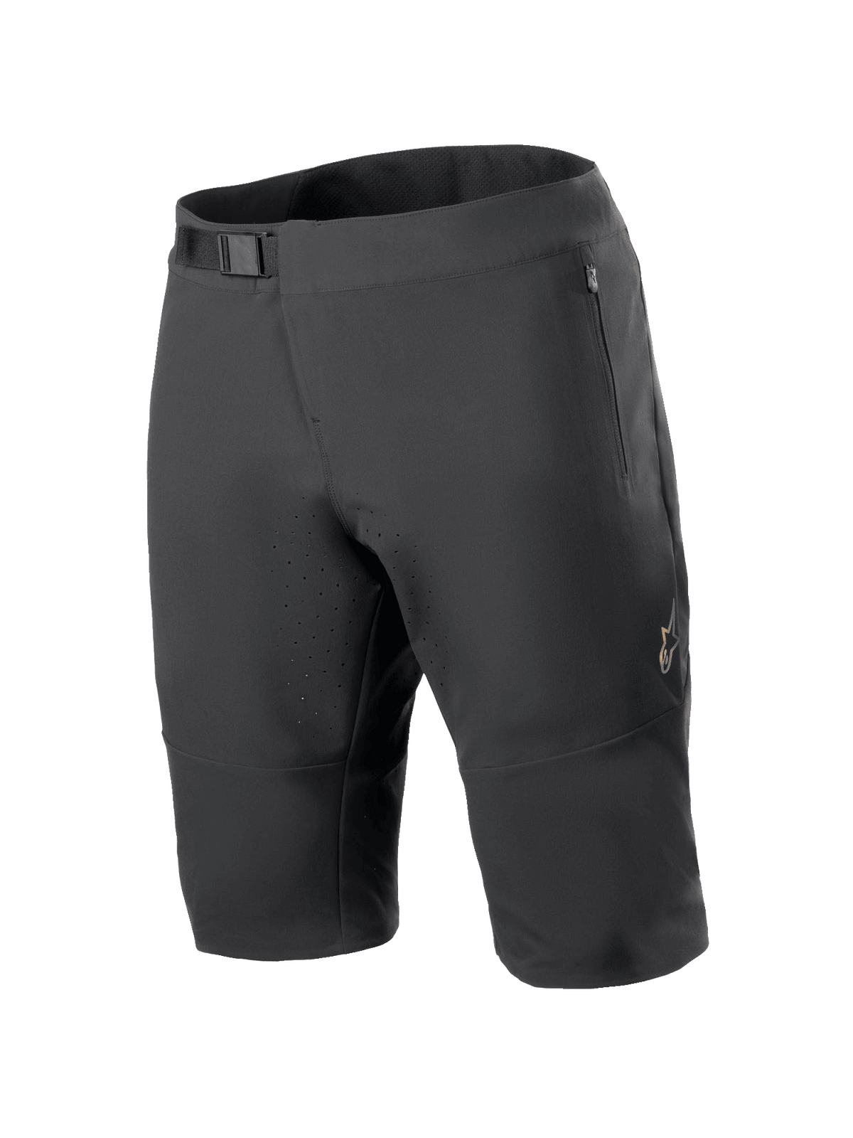 Alpinestars A-Aria Elite Shorts, mountainbikeshorts, svarta, med magnetspänne i midjan, fickor med blixtlås, laserskurna ventilationshål och 4-vägsstretchtyg för terrängcykling