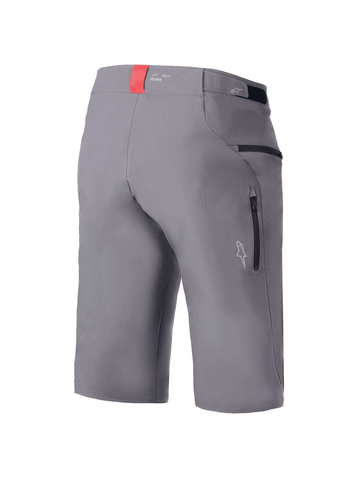 Alpinestars A-Dura Elite shorts, MTB-cykelshorts, mörkgrå, trekvartsvy bakifrån som visar sidofickor med dragkedja, midjejustering med kardborre och en röd detaljflik på midjebandet, slitstarkt Cordura-tyg med 4-vägsstretch, normal passform för mountainbike