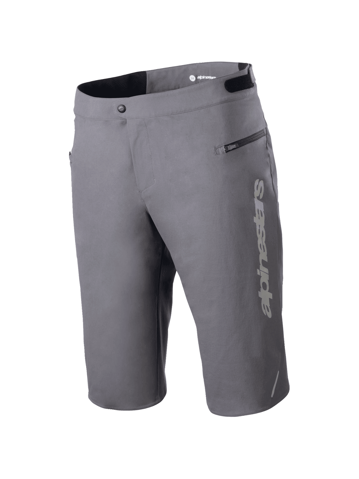 Alpinestars A-Dura Elite shorts, MTB-shorts, mörkgrå, med en vertikal Alpinestars-logotyp på benet, sidoficka med dragkedja, tryckknappsstängning fram, justerbara midjeflikar för terrängcykling