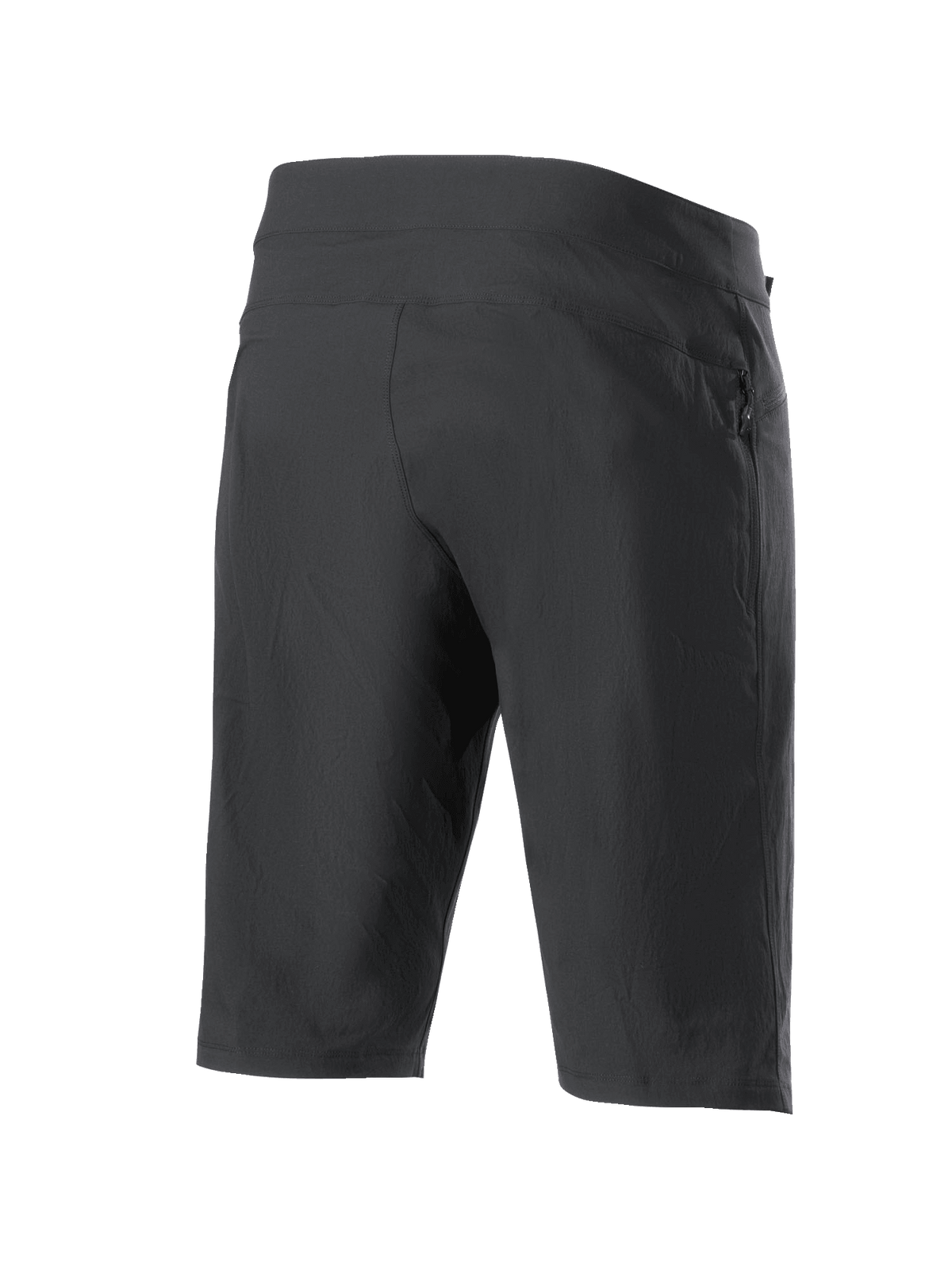 Alpinestars A-Dura Shorts, MTB-shorts, svarta, vy bakifrån som visar ficka med dragkedja och texturerat stretchtyg, designade för MTB och terrängcykling.