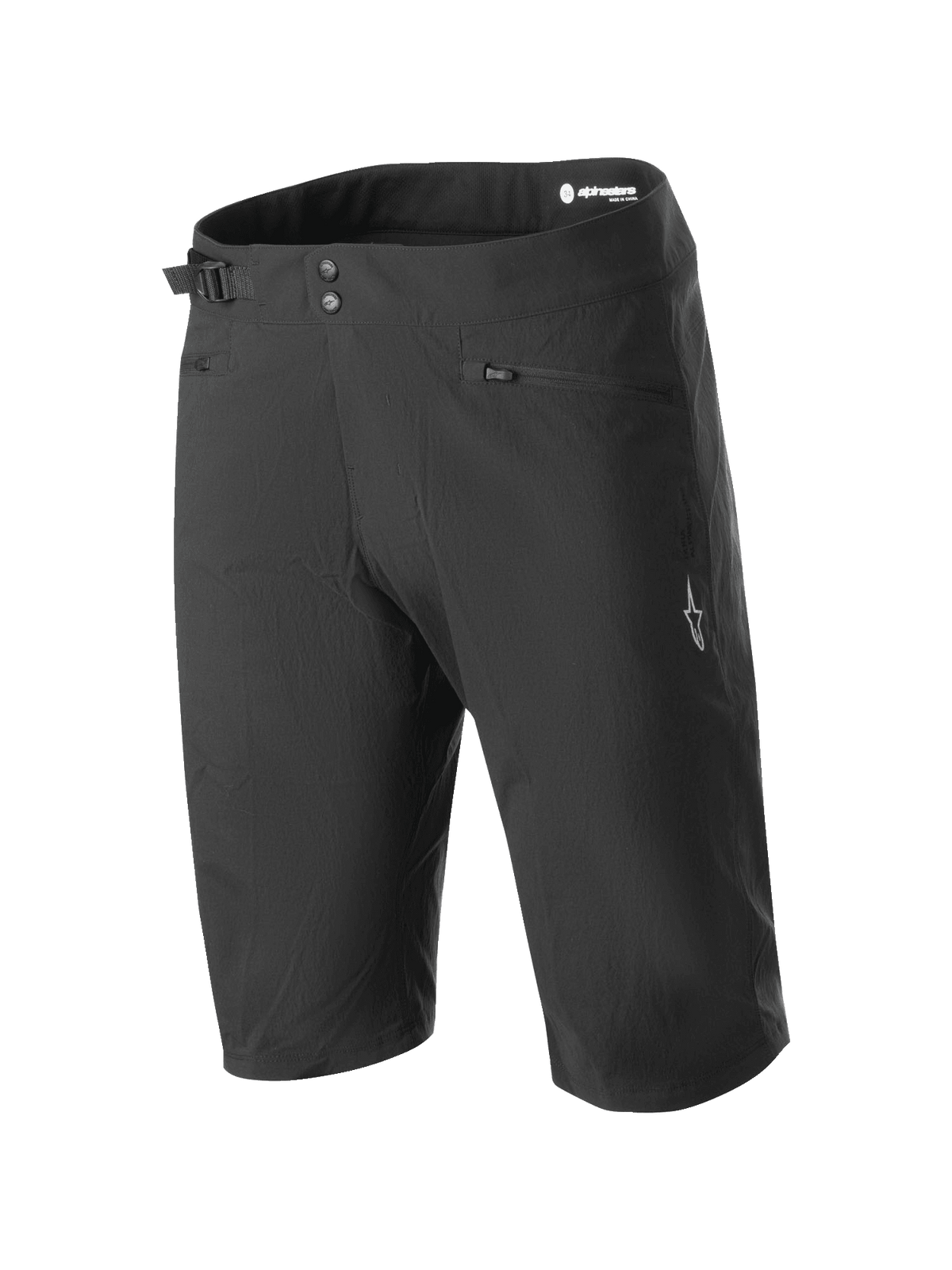 Alpinestars A-Dura Shorts, MTB-shorts, svarta, med dubbelknäppning, sidjustering i midjan, dragkedjeförsedda fickor och vit logotyp på benet, slitstarkt 2-vägs stretchtyg för terrängcykling