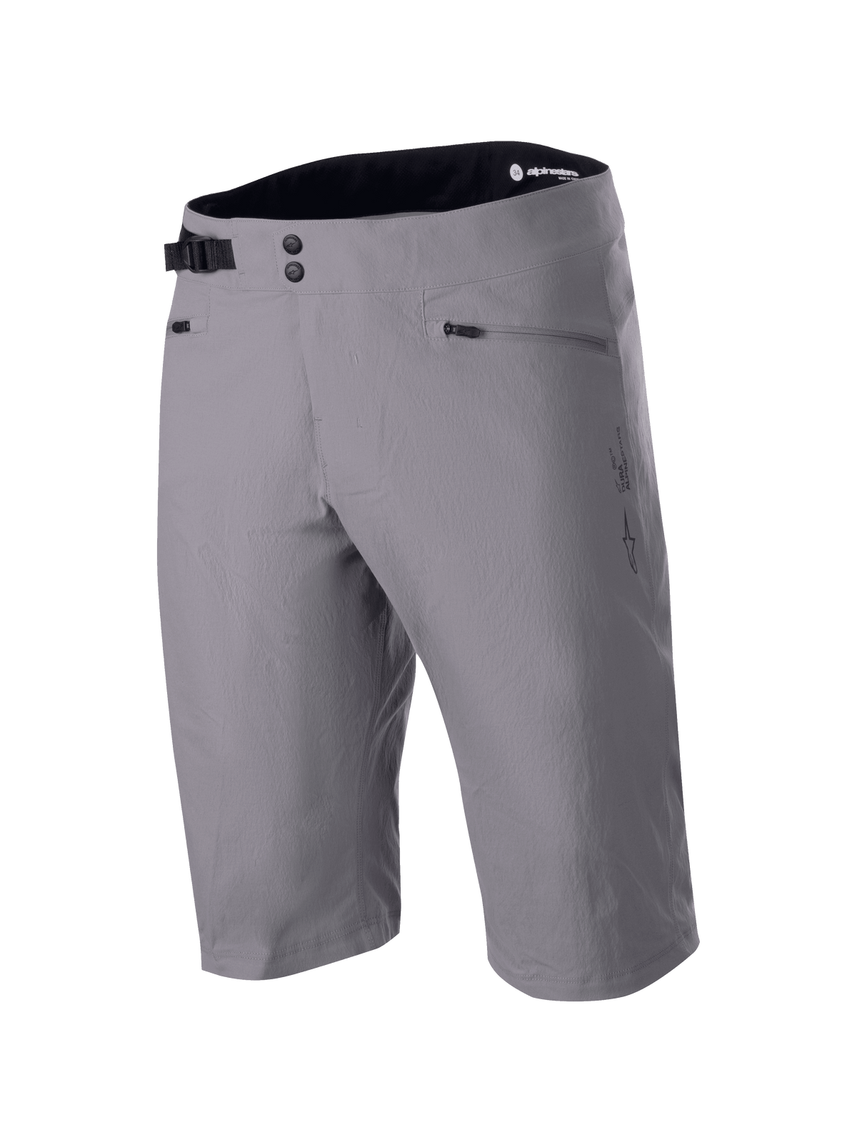 Alpinestars A-Dura Liner Shorts, mörkgrå mountainbikeshorts, dubbelknäppning fram med justerbart sidospänne, handfickor med dragkedja, slitstarkt material med 2-vägsstretch, Astars-logotyp på sidan, svart invändigt midjeband