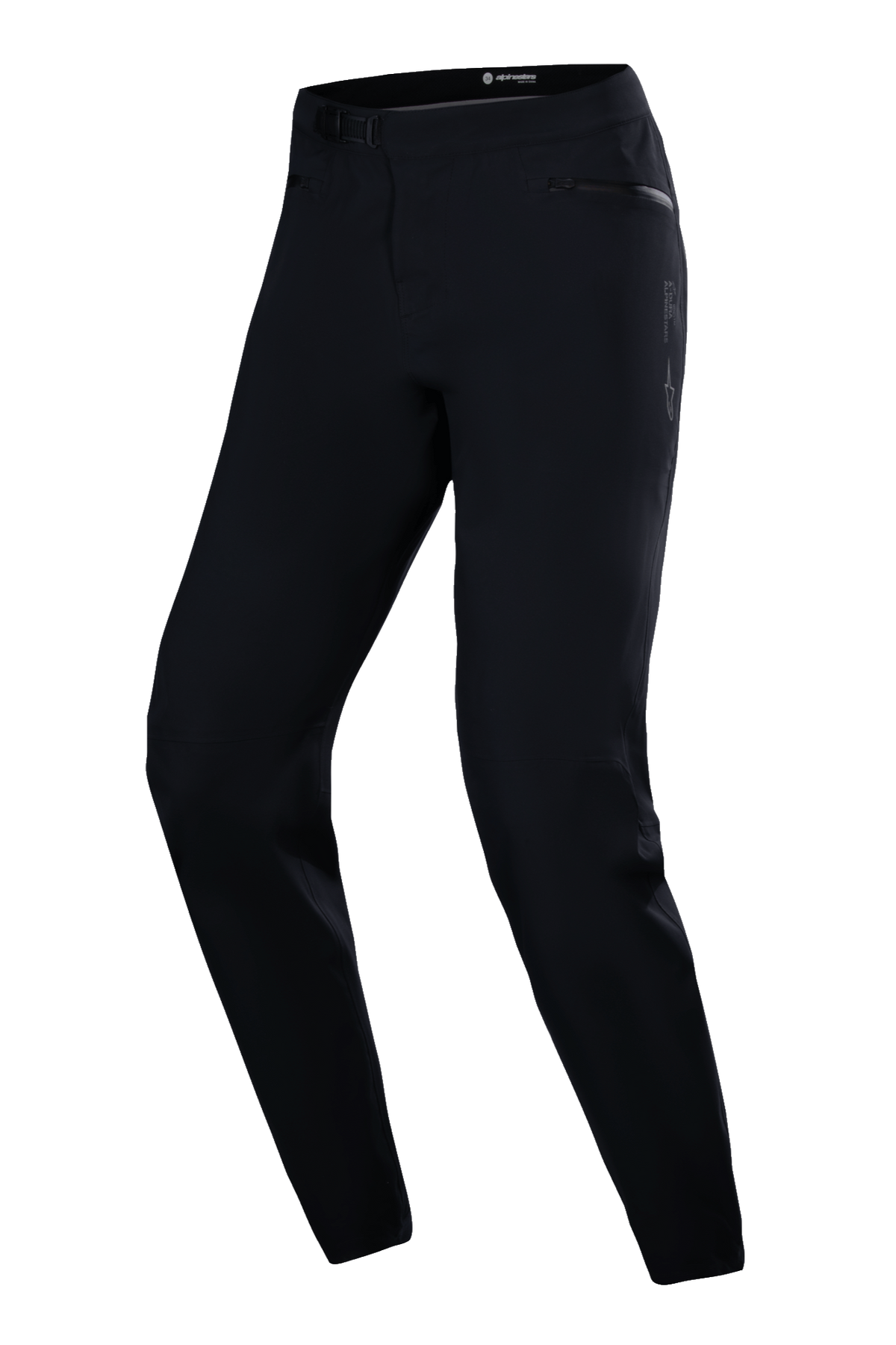 Alpinestars Stella A-Dura Waterproof Pant, Women's MTB Cycling Pants, Black, featuring a ratchet waist closure, zippered hand pockets, and a tapered fit for trail riding