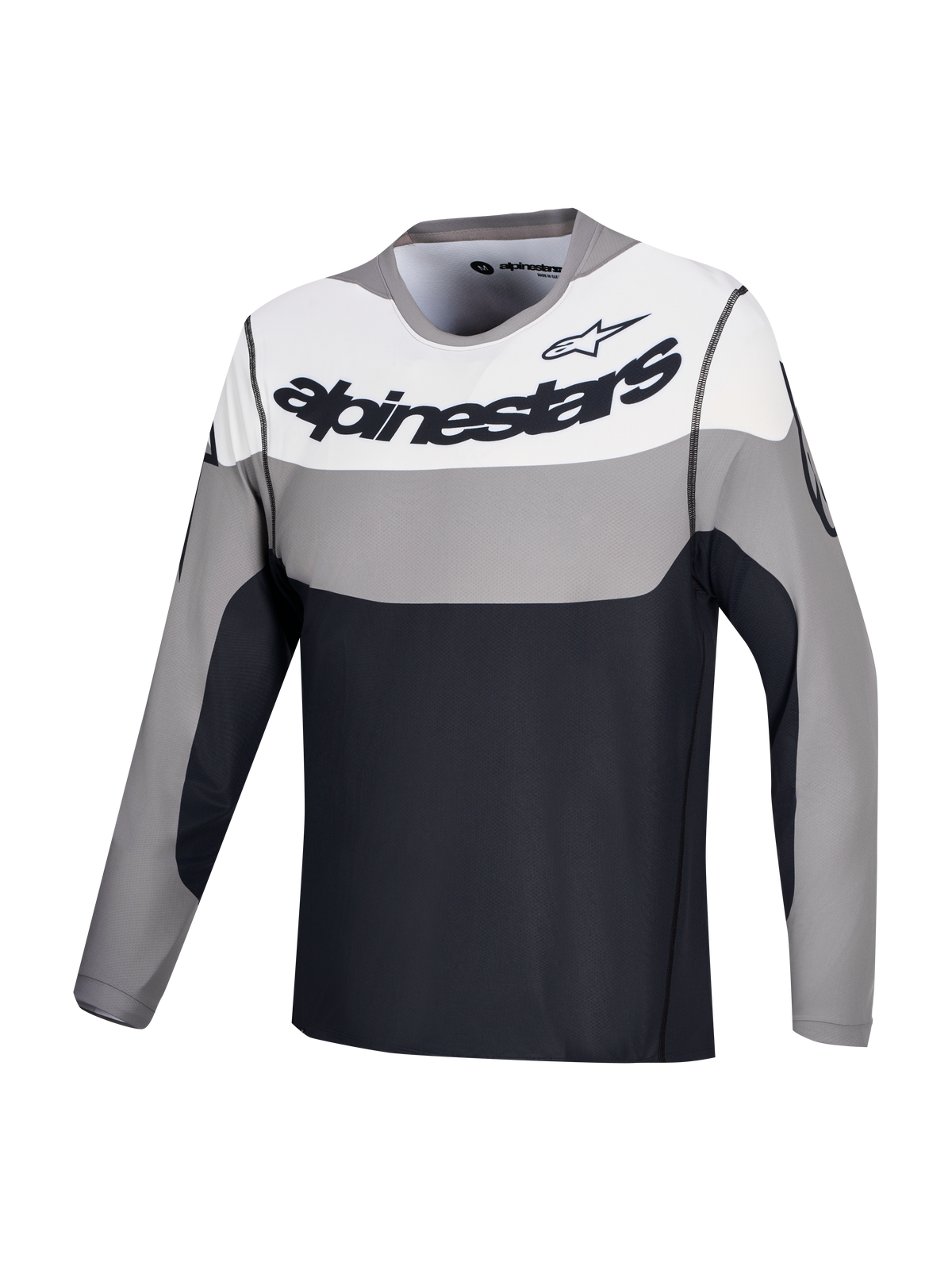 Alpinestars A-Dura Race tröja, långärmad MTB-cykeltröja, grå, vit och svart med bröstlogotyp, lätt stretchmaterial i återvunnen polyester