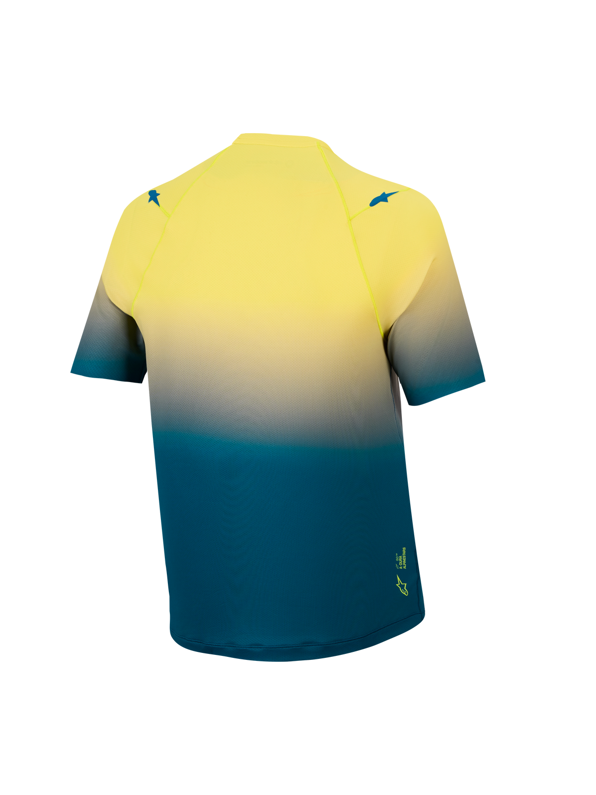 A-Dura ASTARS 2.0 Jersey, baksida i blå och neongul toning, kortärmad MTB-tröja med stretchmaterial.