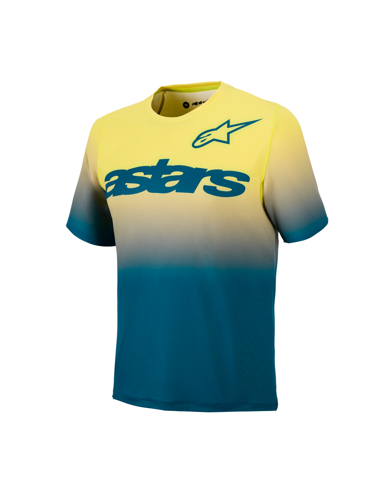 A-Dura ASTARS Jersey 2.0, kortärmad MTB-tröja i gul fluo och blågrön gradient med logotyp på bröstet.