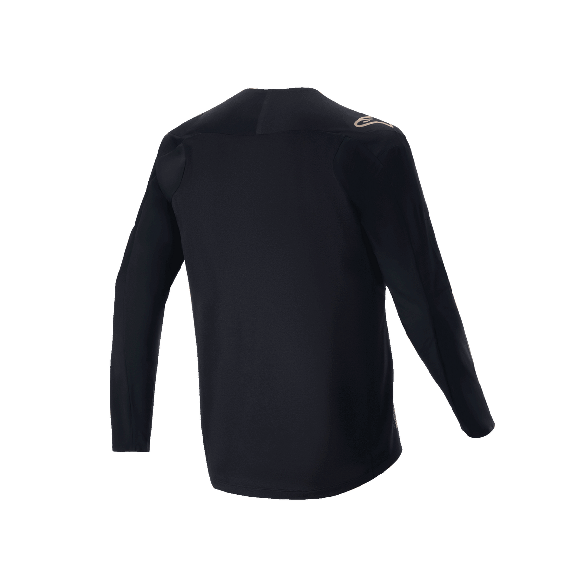 Alpinestars A-Aria Polartec Switch långärmad tröja, svart, vy bakifrån av mountainbike-tröja, med en liten beige logotyp på axeln och förlängd rygg, tekniskt fukttransporterande material för terrängcykling