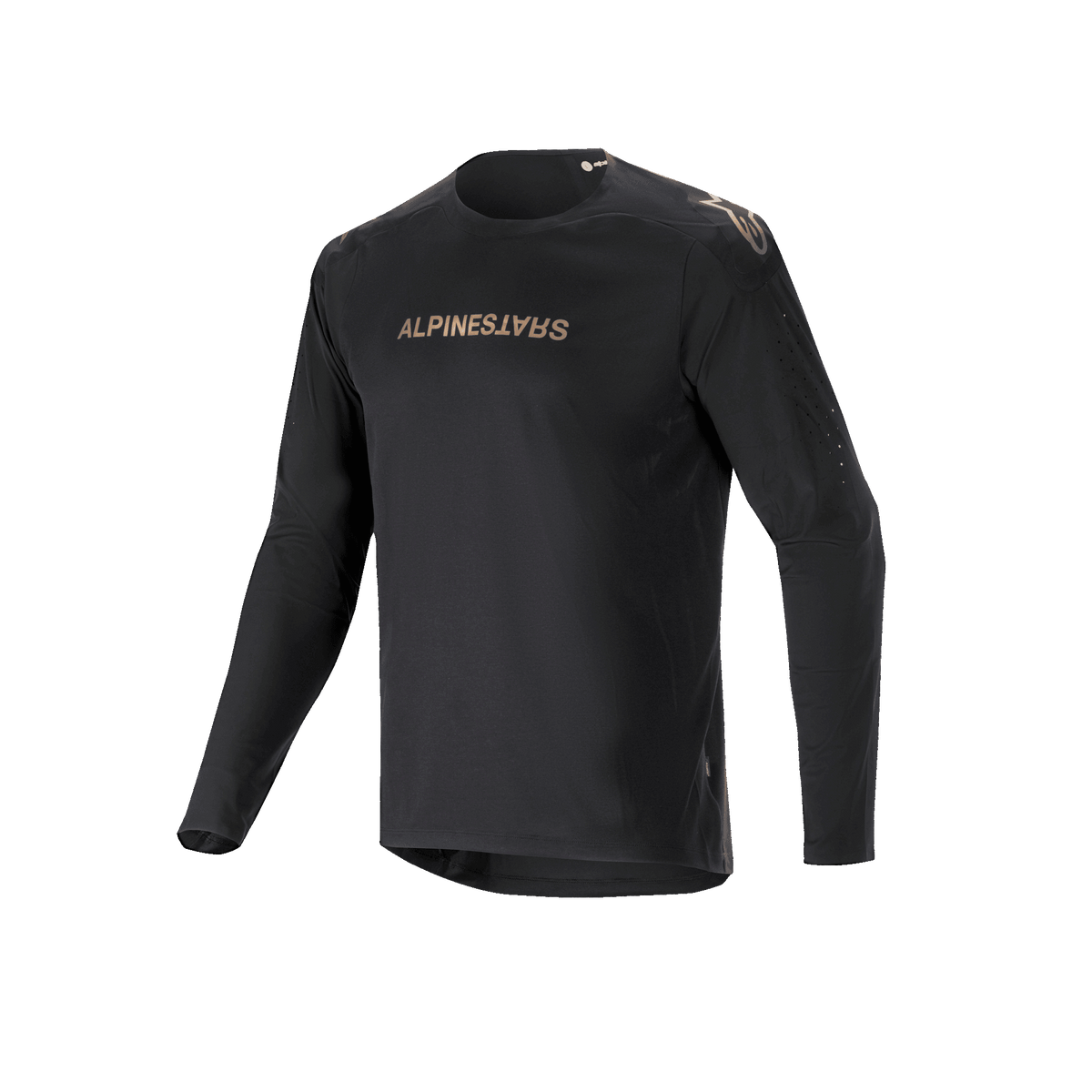 Alpinestars A-Aria Polartec Switch långärmad tröja, svart, mountainbike-tröja med guldtonad Alpinestars-logotyp på bröstet och axlarna, laserperforerade ärmar och fukttransporterande Polartec-tyg för offroad-prestanda