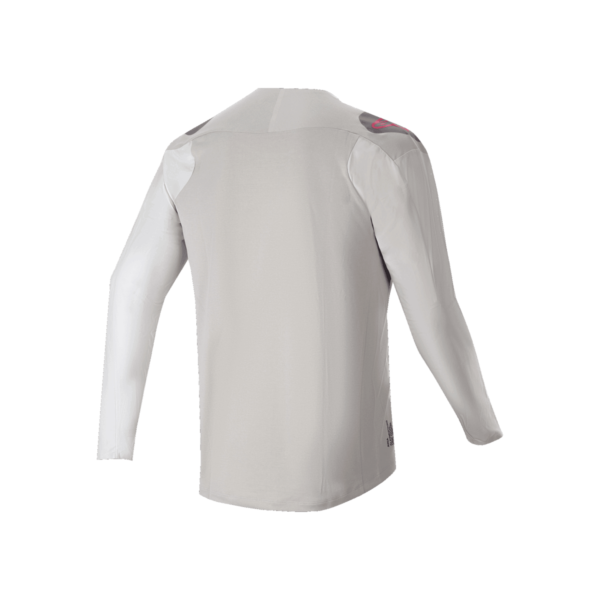 Alpinestars A-Aria Polartec Switch långärmad tröja, vy bakifrån, ljusgrå med mörkgrå axelpaneler och rosa logotypdetaljer, stretchtyg med hög prestanda och förlängt ryggslut, mountainbike-kläder för stigcykling