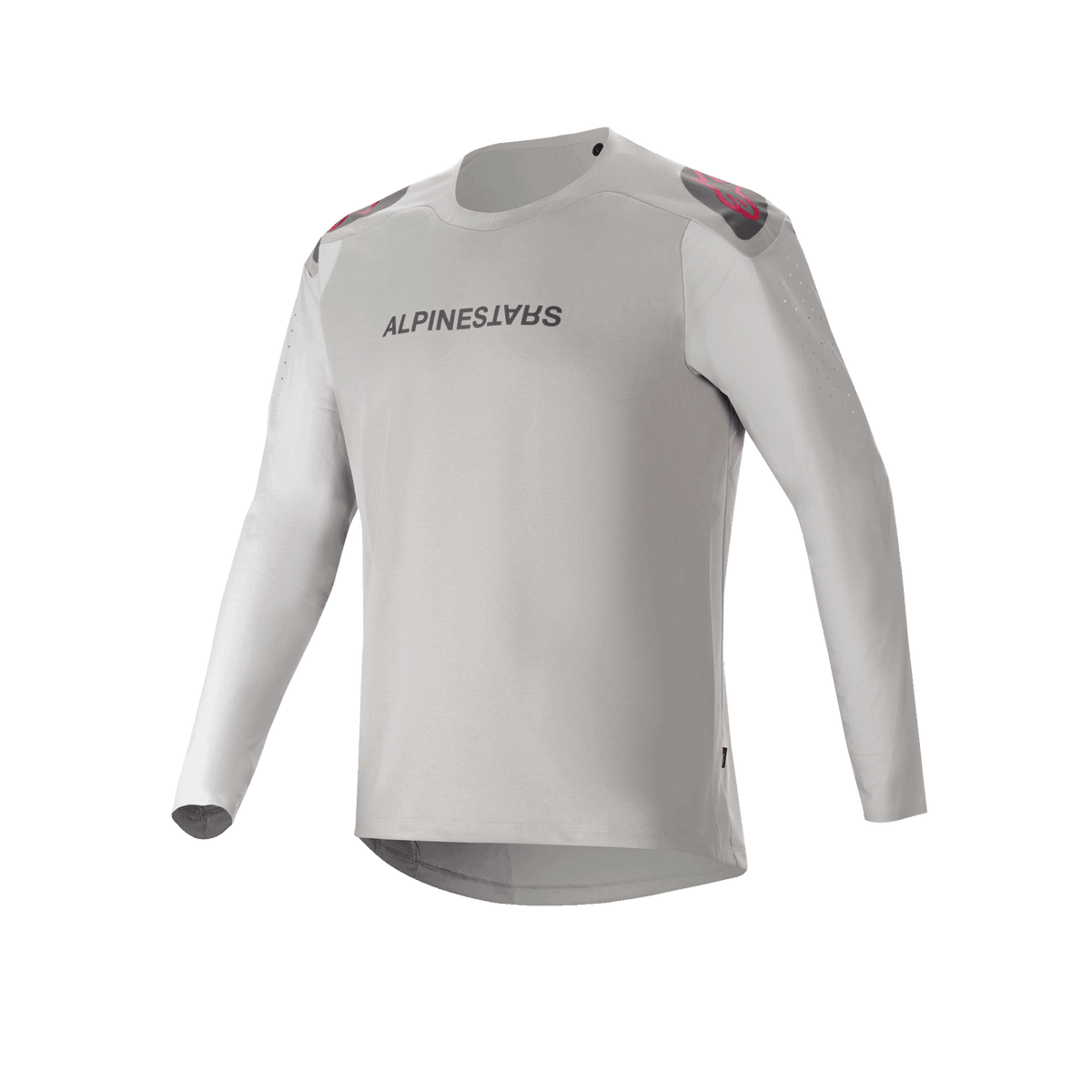 Alpinestars A-Aria Polartec Switch Jersey - Long Sleeve, ljusgrå mountainbike-tröja med svart logotyp på bröstet, röda och svarta detaljer på axlarna och laserperforerade ärmar för ventilation