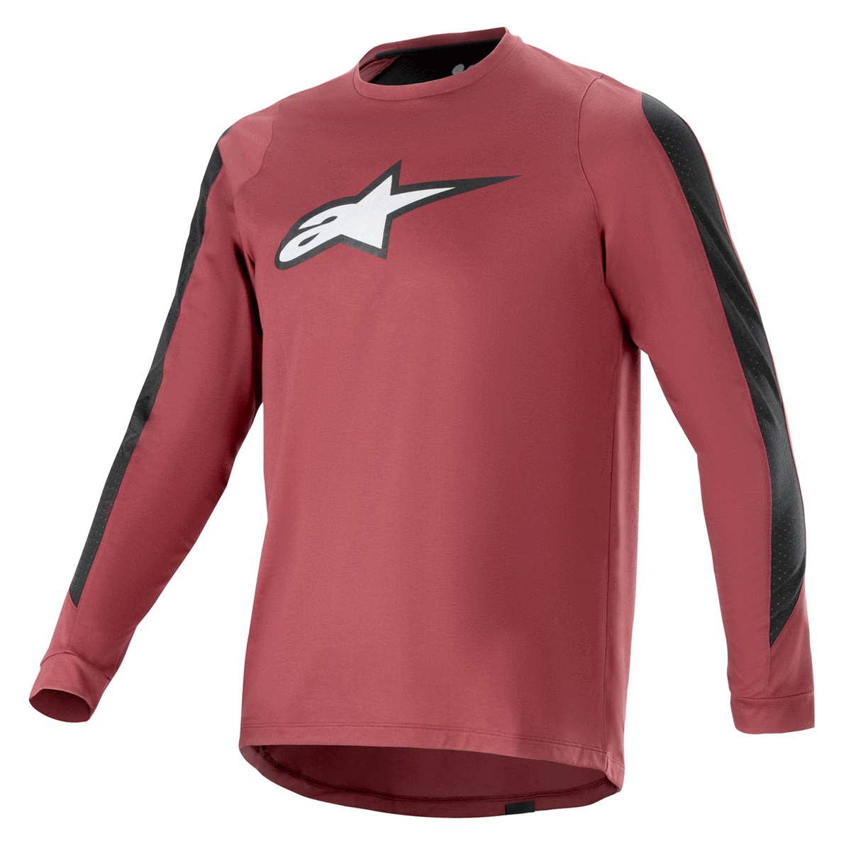 Alpinestars A-Dura Dri Astar långärmad tröja, vinröd och svart, fukttransporterande drirelease-tyg, rundhalsad, vit Astar-logotyp på bröstet, svarta meshpaneler på ärmarna, funktionella mountainbikekläder