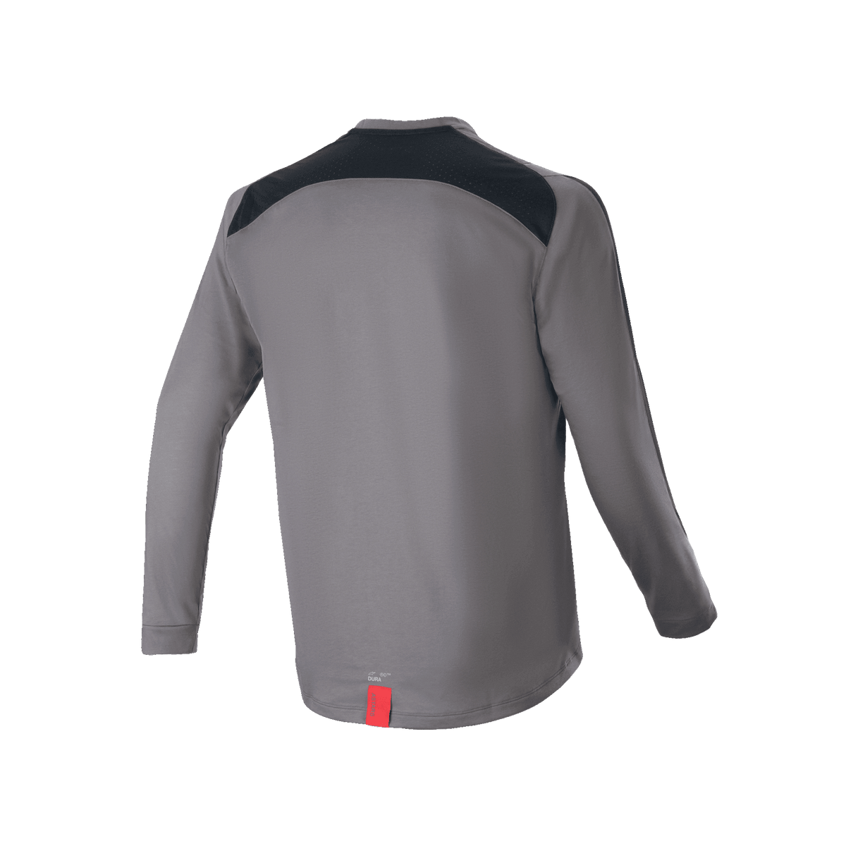 Alpinestars A-Dura Dri Astar långärmad tröja, mörkgrå, baksida med svarta ventilationspaneler i mesh över axlarna och en liten röd detalj vid fållen, tekniska mountainbikekläder