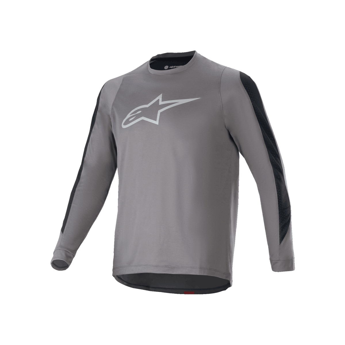 Alpinestars A-Dura Dri Astar långärmad tröja, mörkgrå med vit Astars-logotyp på bröstet, svarta meshpaneler för ventilation på ärmarna, funktionell cykeltröja för MTB