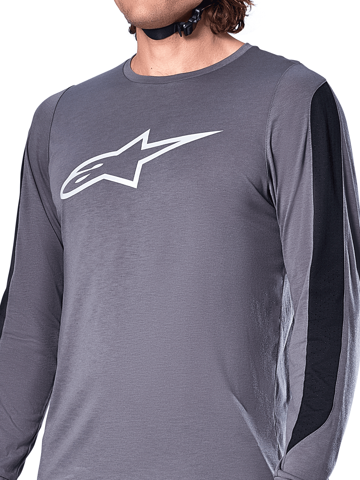 Alpinestars A-Dura Dri Astar-tröja, långärmad, mörkgrå, vit Astars-logotyp på bröstet, svarta meshpaneler på ärmarna, funktionella mountainbike-kläder