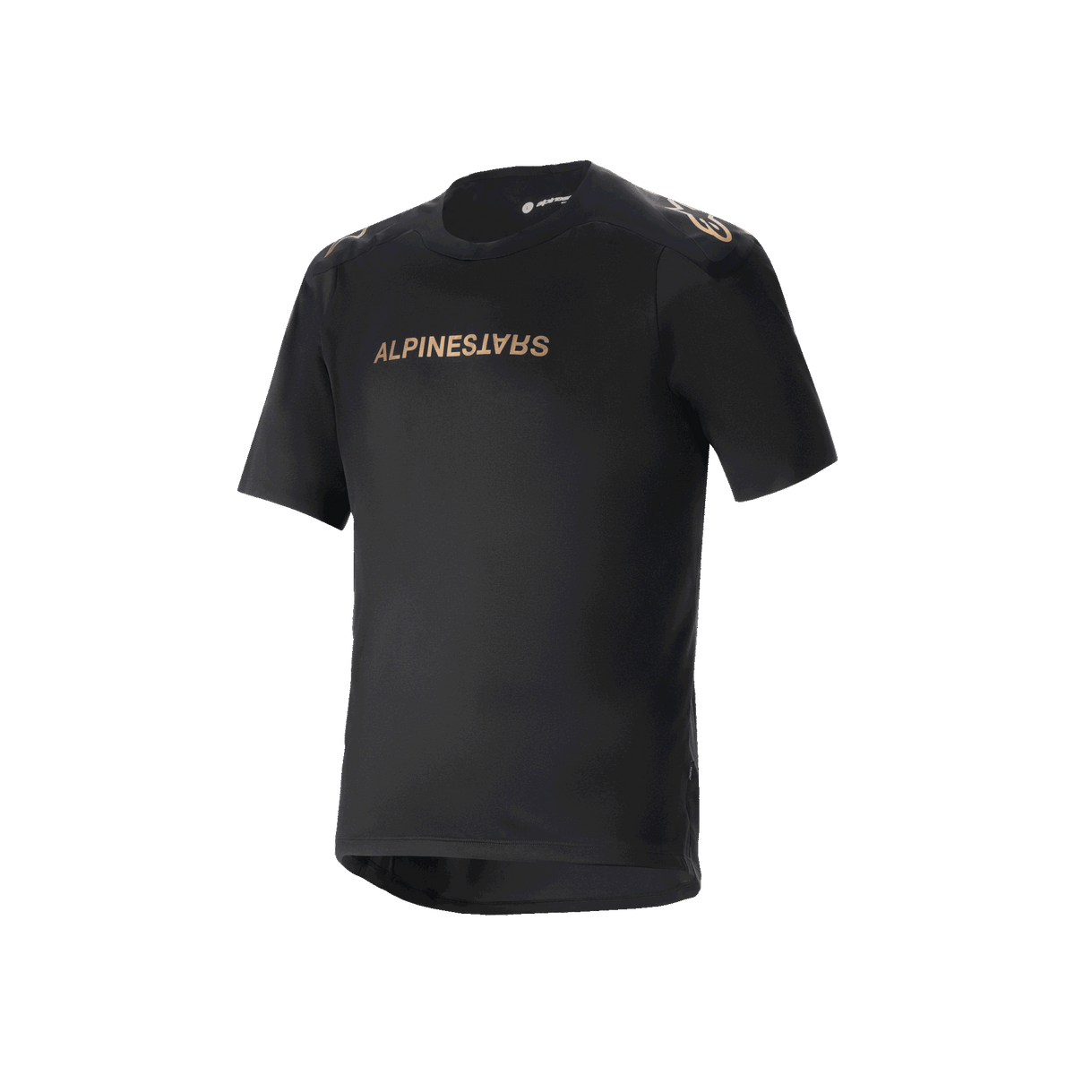 Alpinestars A-Aria Polartec Switch kortärmad tröja, svart mountainbike-tröja, bronsfärgade Alpinestars-logotyper på bröst och axlar, tekniskt fukttransporterande material, prestandapassform med förlängd rygg