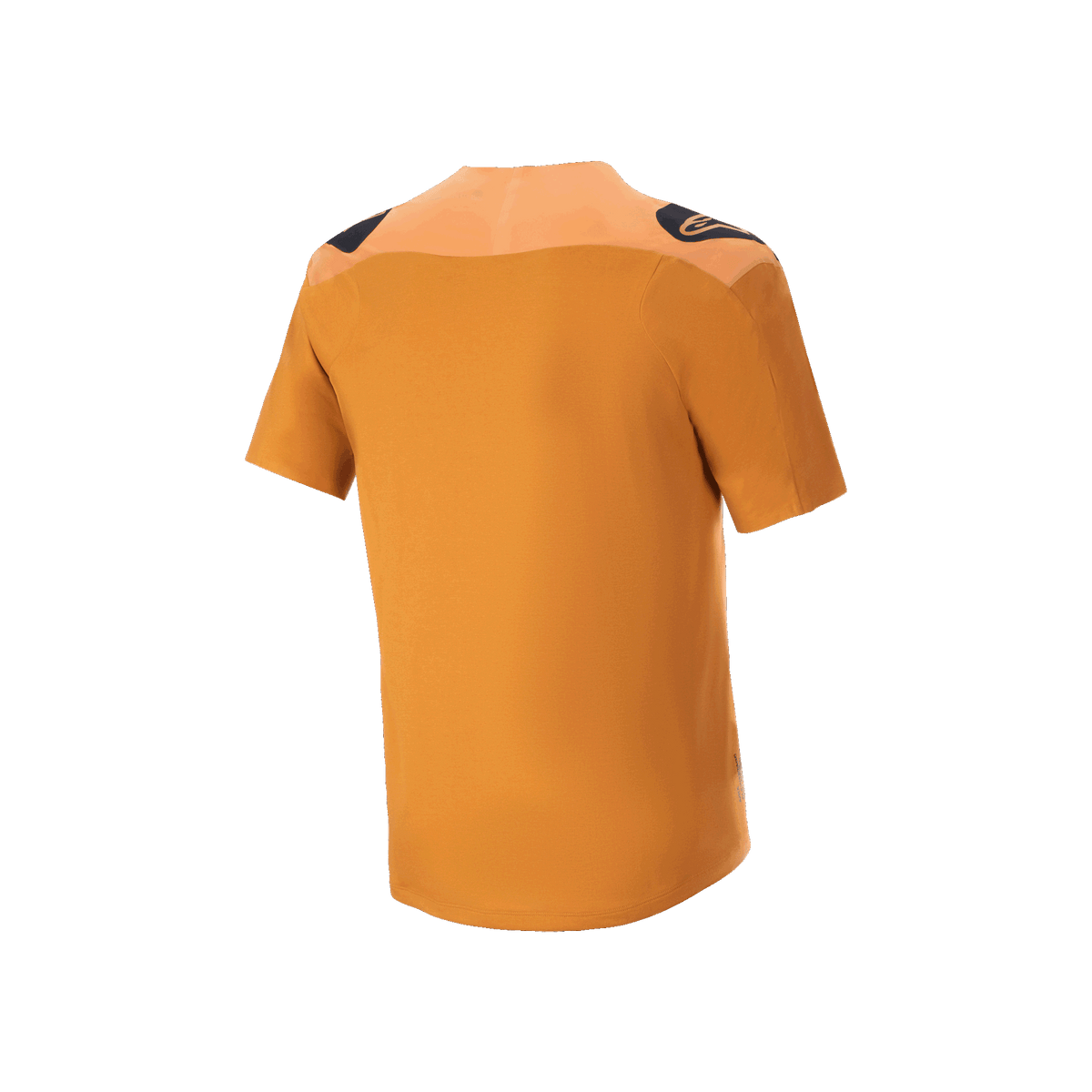 Alpinestars A-Aria Polartec Switch Jersey, kortärmad MTB-tröja, Dark Gold, vy bakifrån med svarta logotyper på axlarna och förlängt bakstycke, funktionskläder för mountainbike