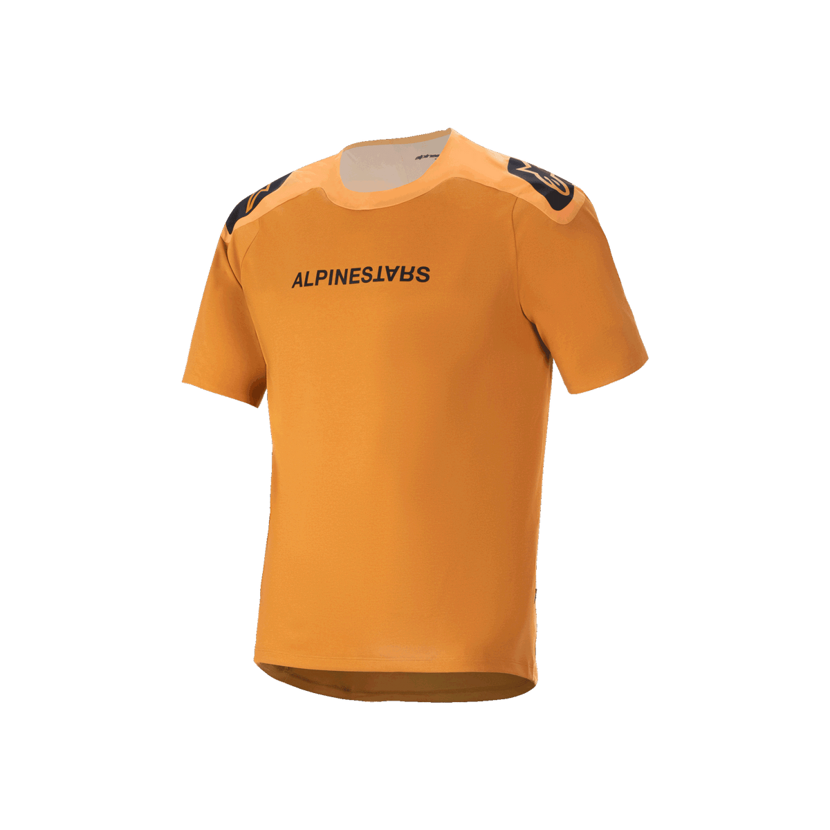 Alpinestars A-Aria Polartec Switch kortärmad tröja, Dark Gold, svart Alpinestars-text på bröstet, logotyper på axlarna, teknisk mountainbike-utrustning med förlängt bakstycke