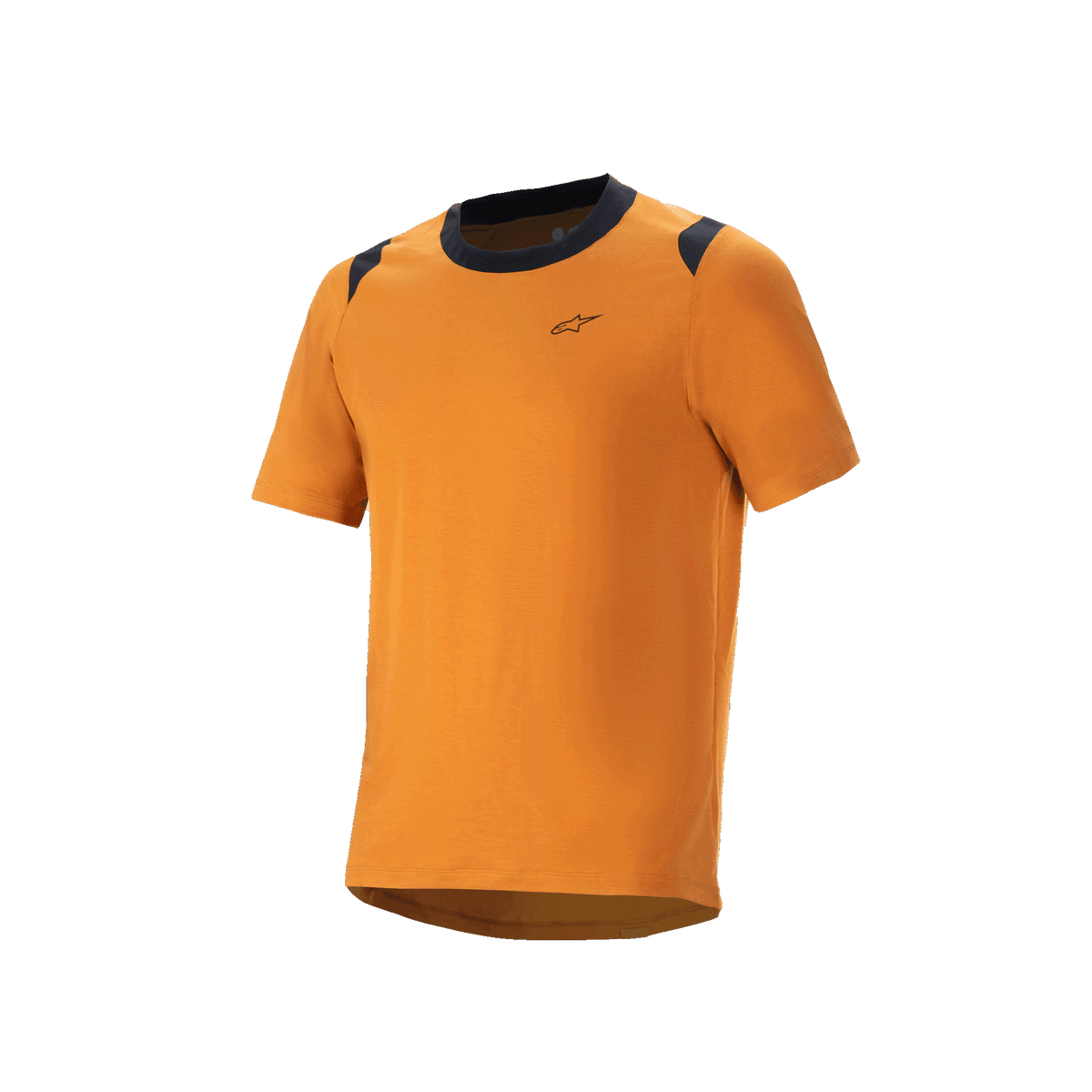 Alpinestars A-Dura Dri Wool kortärmad tröja, MTB-cykeltröja, mörkt guld med svarta detaljer på krage och axlar, liten logotyp på bröstet, tekniska mountainbike-kläder