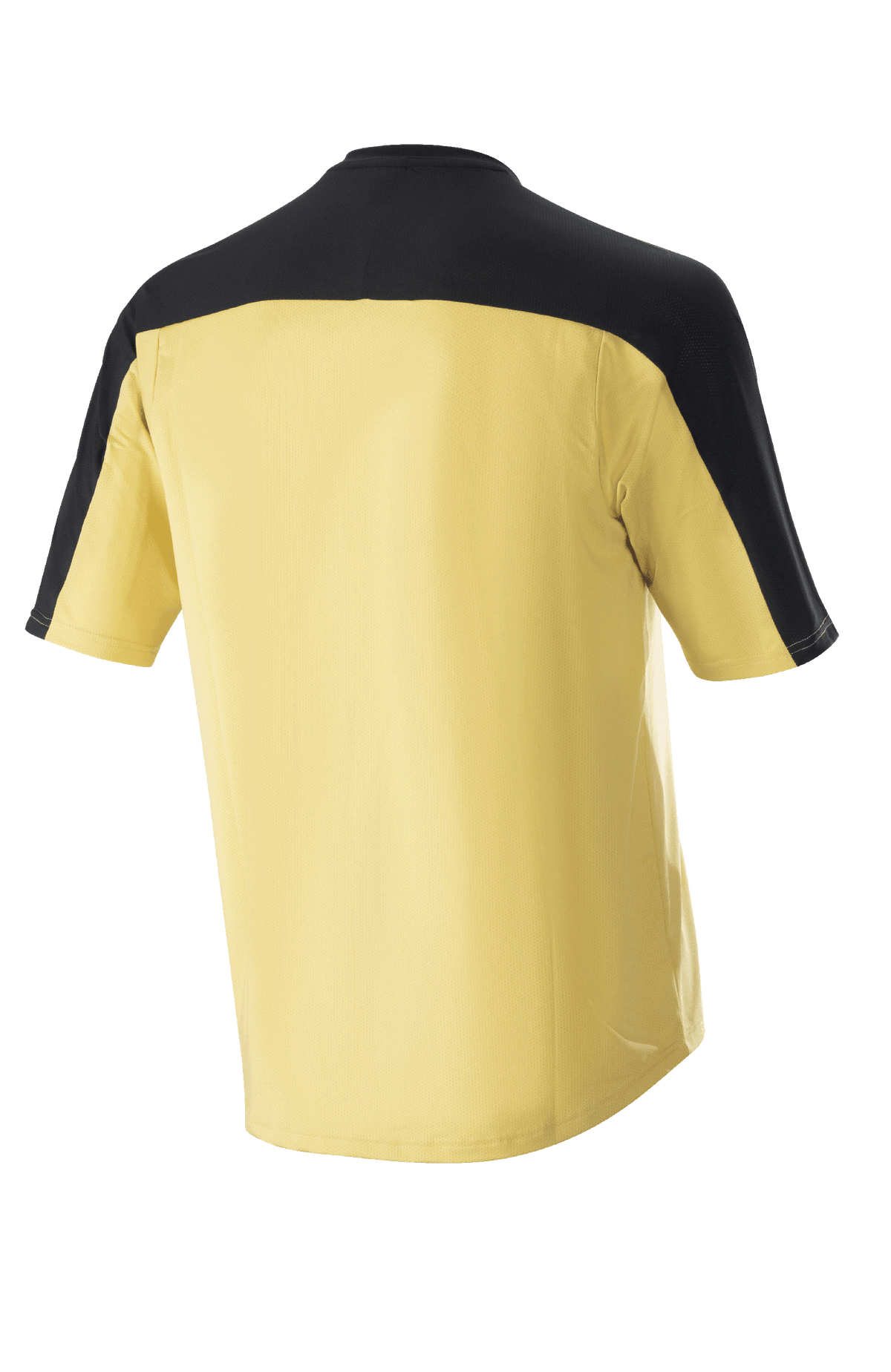 Alpinestars Drop Meta Jersey - kortärmad, MTB-tröja, guld med svart axelok och ärmpaneler, vy bakifrån, förlängt bakstycke för extra täckning, lättviktigt mesh-material.