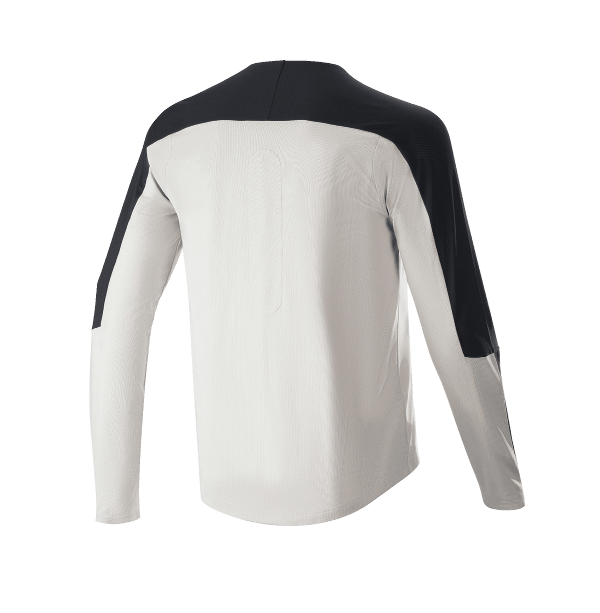 Alpinestars Drop Meta-tröja - långärmad, MTB-tröja, ljusgrå med svarta detaljer på axlar och ärmar, vy bakifrån som visar förlängd rygg, ventilerande meshmaterial för terrängcykling