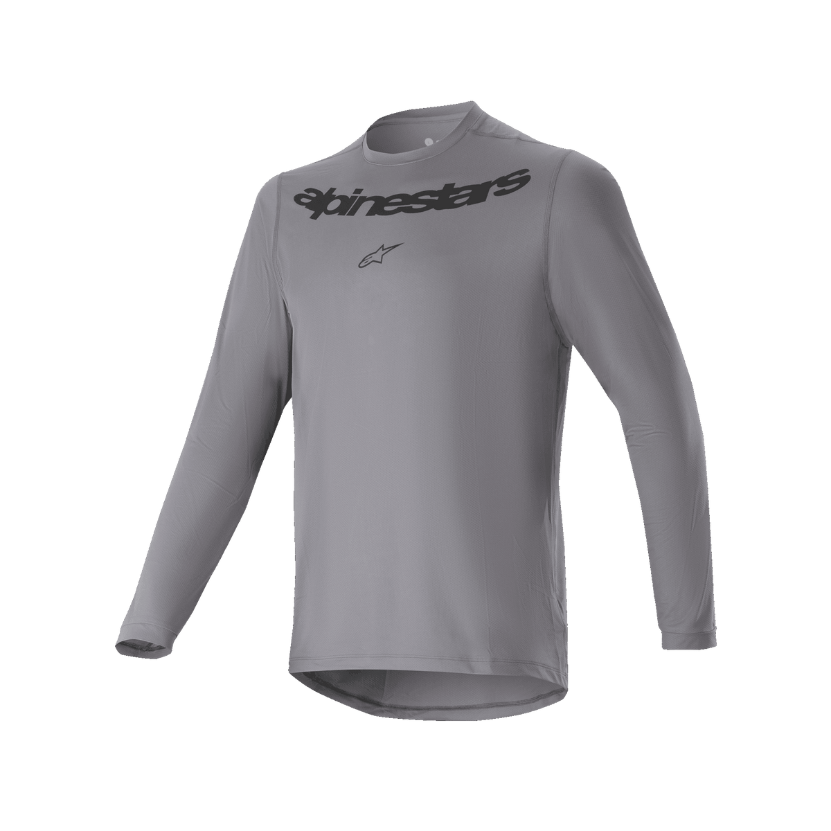 Alpinestars A-Dura Rocker långärmad tröja, MTB-cykeltröja, mörkgrå, med svart Alpinestars-ordmärke och stjärnlogotyp på bröstet, förlängd rygg, högpresterande cykelutrustning för mountainbike