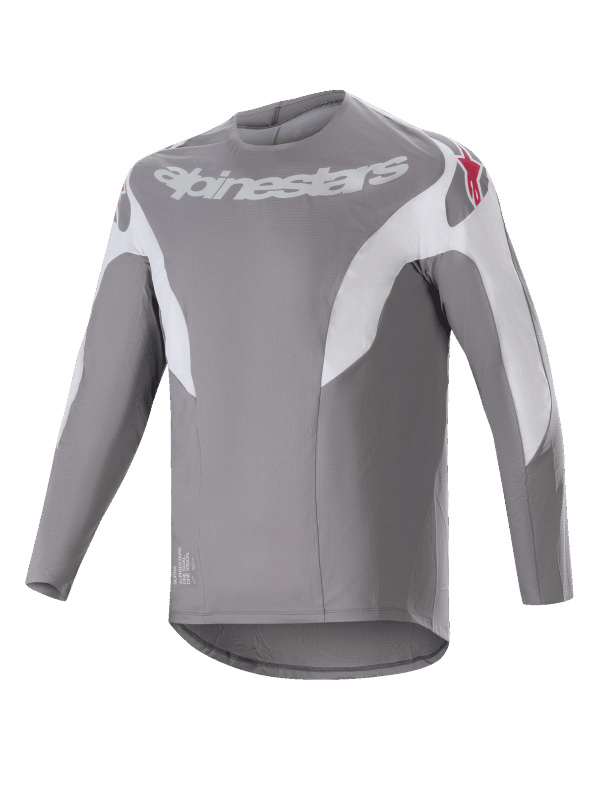 Alpinestars A-Supra Race-tröja, långärmad MTB-tröja, mörkgrå med vita paneler, vit Alpinestars-logotyp på bröstet och röda stjärnlogotyper på axlarna, tekniskt mikroperforerat tyg med förlängt bakstycke för terrängcykling