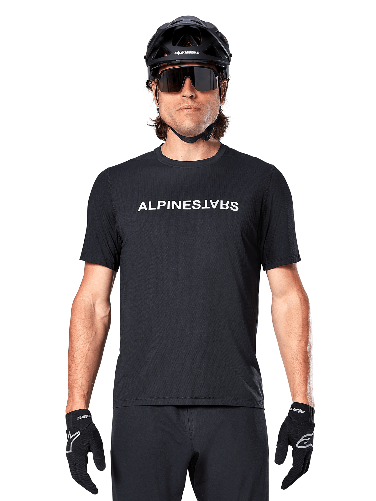 Alpinestars A-Dura Switch Short Sleeve Jersey, Black, Men's moisture-wicking MTB trail gear with white wordmark logo.