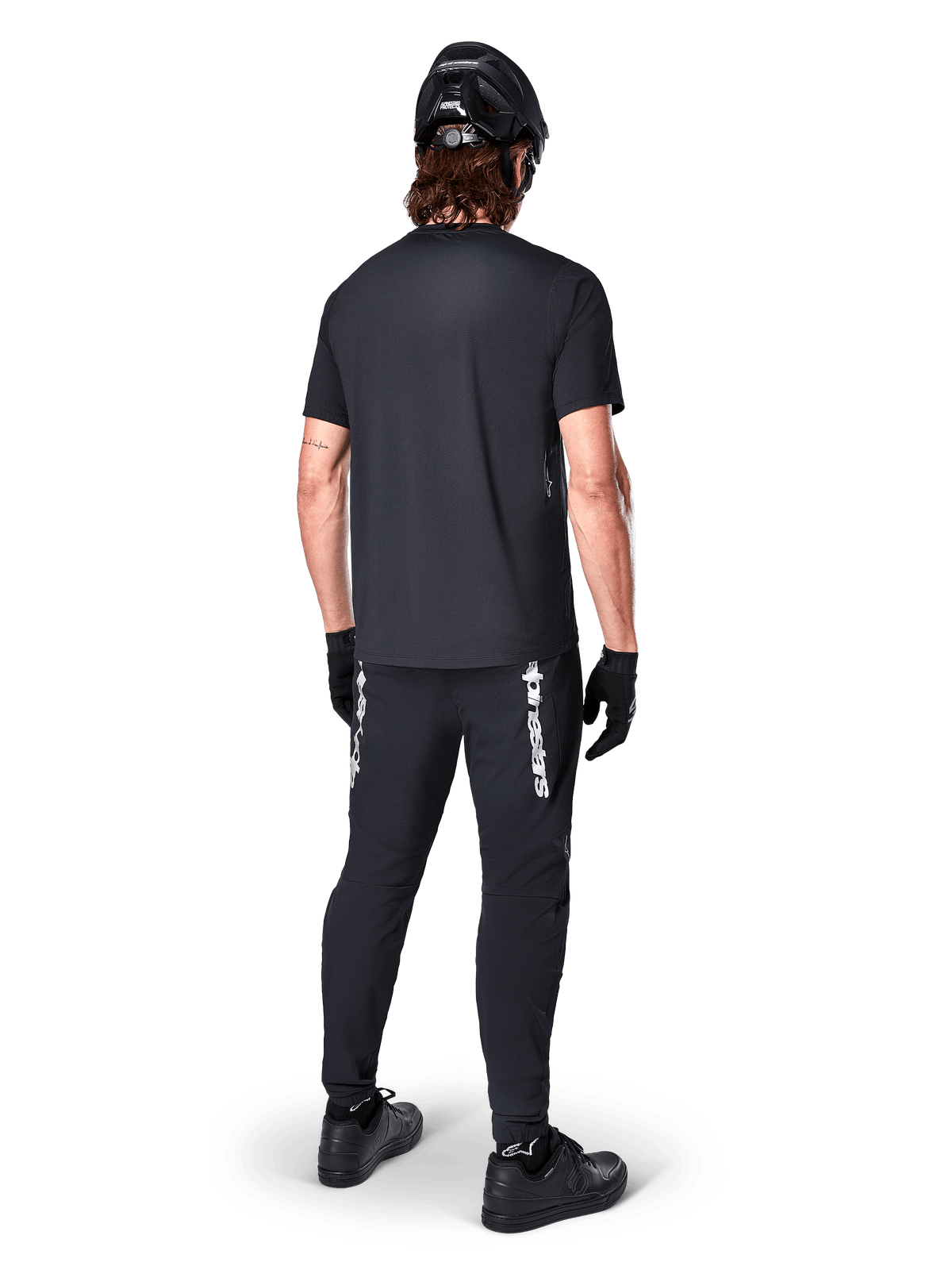 Alpinestars A-Dura Switch Jersey, Men's Black Short Sleeve MTB Shirt for Trail Riding, Back View on Model.