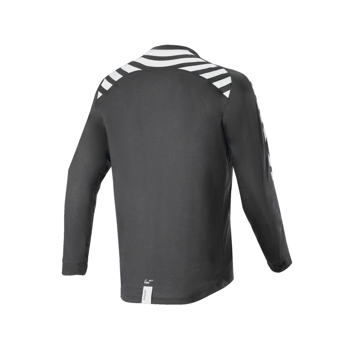 Alpinestars A-Dura Dri Oscar långärmad tröja, Black Reflective, vy bakifrån med vita reflekterande ränder på axlar och ärmar, tekniskt återvunnet drirelease-tyg, förlängt ryggslut för terrängcykling