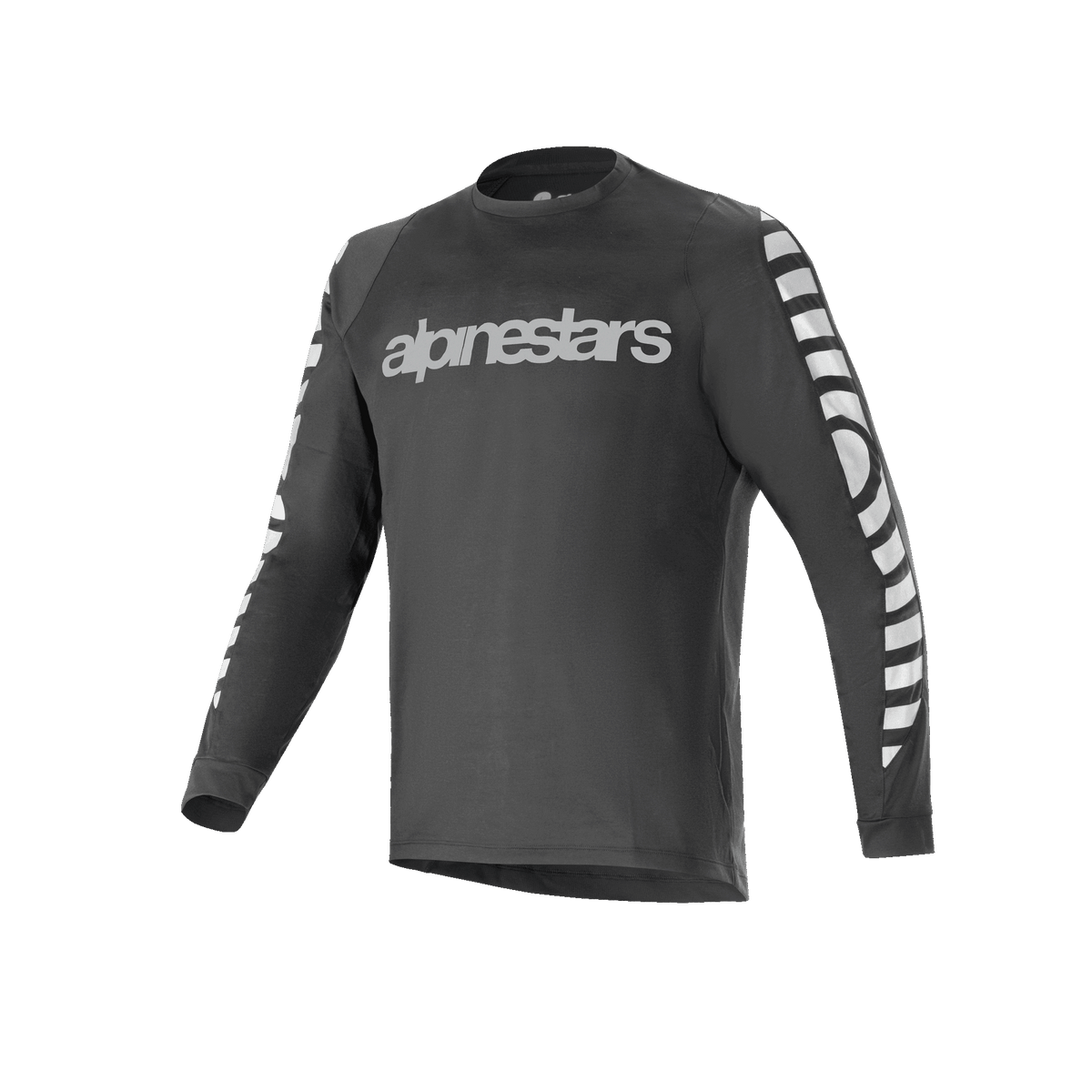 Alpinestars A-Dura Dri Oscar långärmad tröja, cykeltröja, svart reflekterande, med en stor silverreflekterande textlogotyp på bröstet och grafiska mönster på ärmarna, tekniska funktionskläder för mountainbike