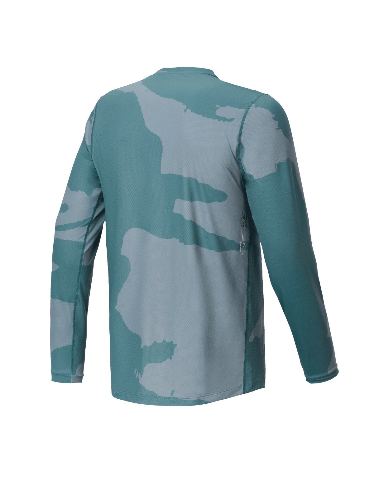 Alpinestars Youth A-Dura Hollow Camo Jersey, långärmad MTB-tröja, Silver Pine Camo Green, baksida med en liten logotypdetalj och förlängt bakstycke för täckning vid cykling