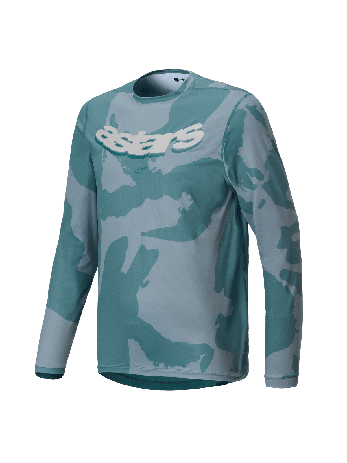 Alpinestars Youth A-Dura Hollow Camo-tröja, långärmad MTB-tröja, Silver Pine Camo med turkosa och grå mönster, framträdande vit astars-grafik på bröstet, funktionstyg för stigcykling för ungdomar