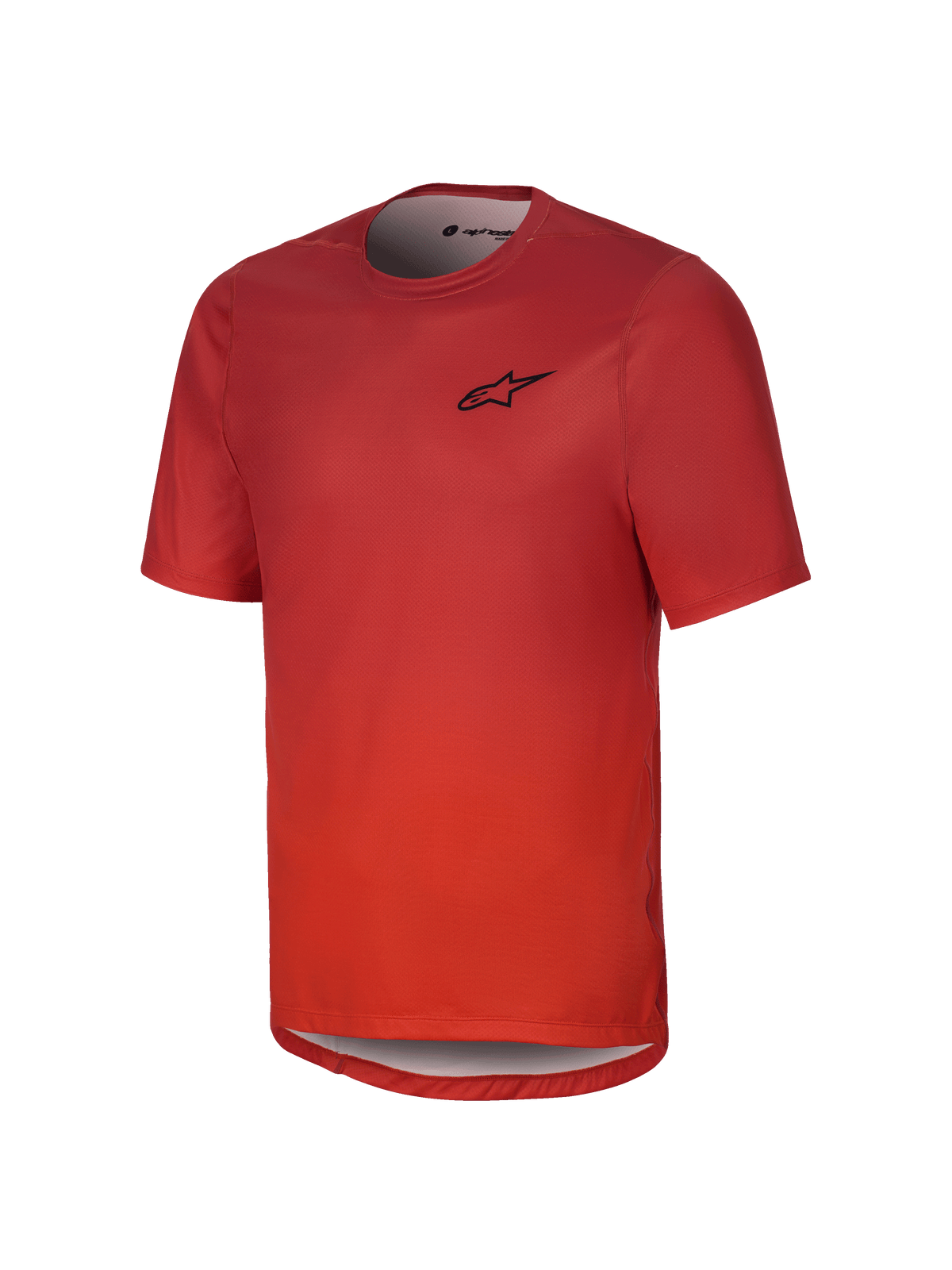 Alpinestars Youth A-Dura Rise kortärmad tröja, orange mountainbike-tröja med svart logotyp på bröstet, rund halsringning och förlängd rygg, andningsbart jacquardtyg