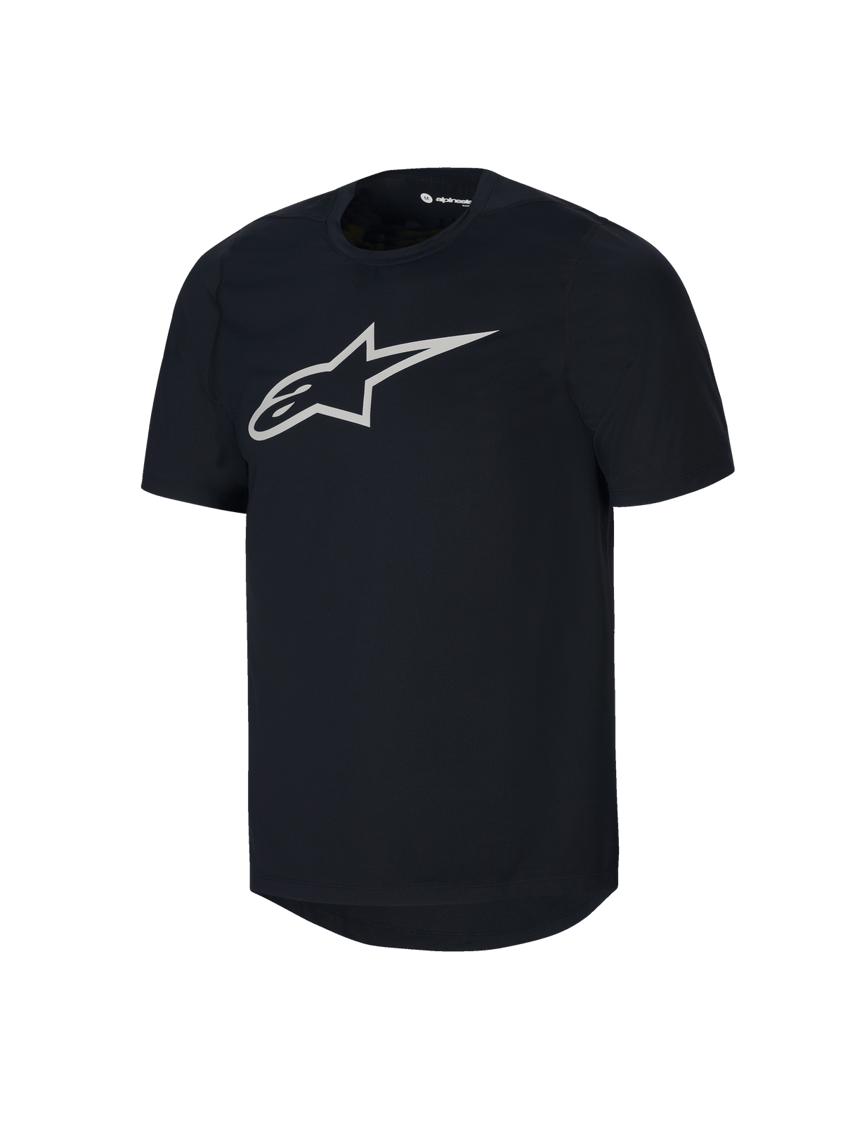 Alpinestars Youth A-Dura kortärmad tröja, svart MTB-tröja, stor vit Astars-logotyp på bröstet, rund halsringning, avslappnade funktionskläder för mountainbike