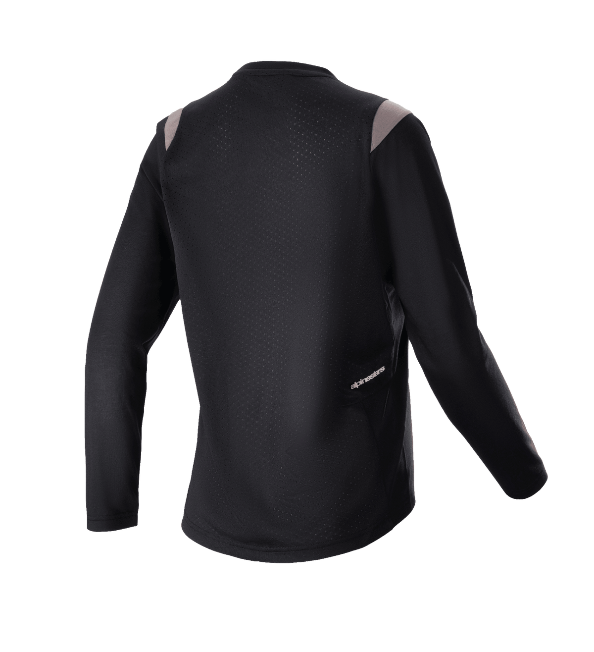 Alpinestars Stella Alps Escape långärmad tröja för dam, svart med grå axeldetaljer, vy bakifrån som visar perforerad meshpanel för ventilation och liten Alpinestars-logotyp, MTB-cykelutrustning