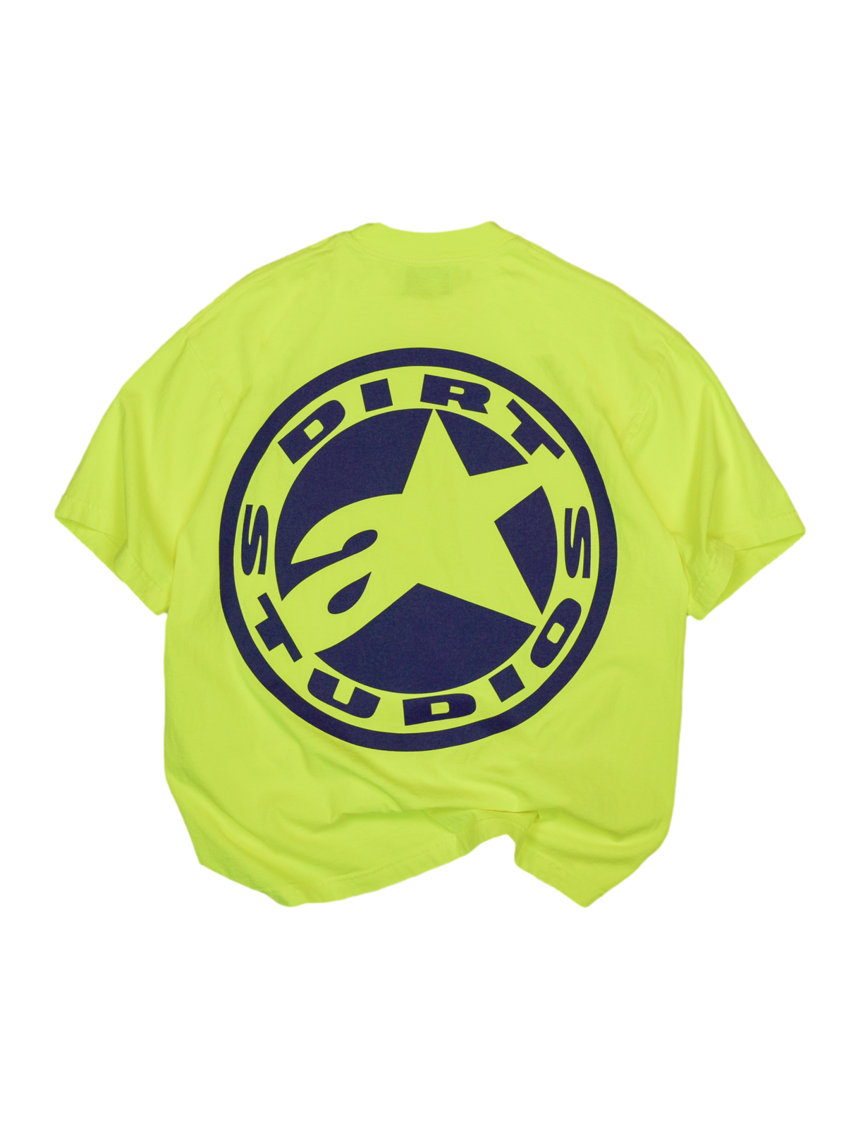 Alpinestars x Dirt Studios Limited Edition Tech Series T-shirt, fluogul med stor navyblå logotyp på ryggen, kraftig bomull.
