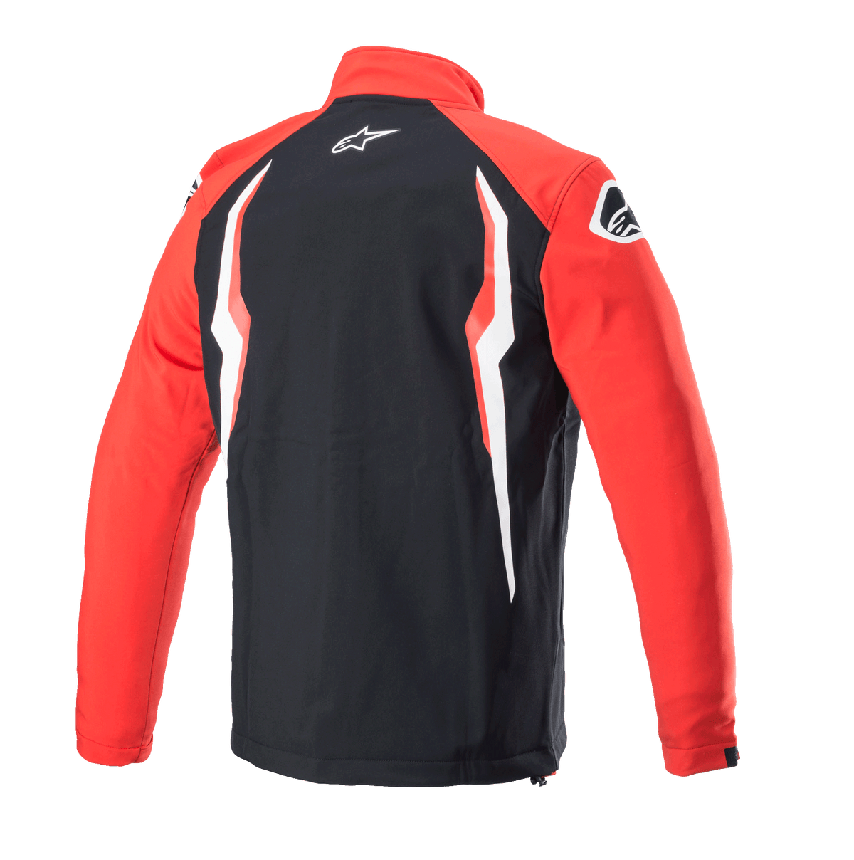 Alpinestars Honda Softshell-jacka, röd och svart, baksida med svart mittpanel och röda ärmar, vit och röd kontrastgrafik, Alpinestars-logotyp på nacken och axeln, sportig motorsportinspirerad softshell-design