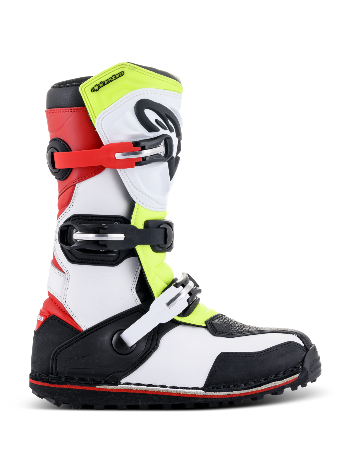 Alpinestars Tech-T Boots, Trials Motorcycle Boots, White Red Yellow Fluorescent and Black, featuring three adjustable buckle straps, ergonomic shinplate, rugged black sole with red accent, designed for off-road trials riding