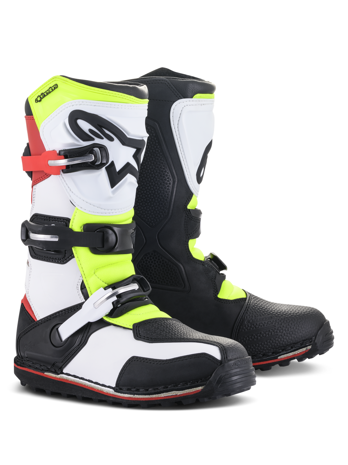 Alpinestars Tech-T stövlar, trials-stövlar, vit, röd, fluoriserande gul och svart, med en ergonomisk skenbensplatta med stjärnlogotyp, säkra spännen och en specialiserad sula för teknisk terrängkörning