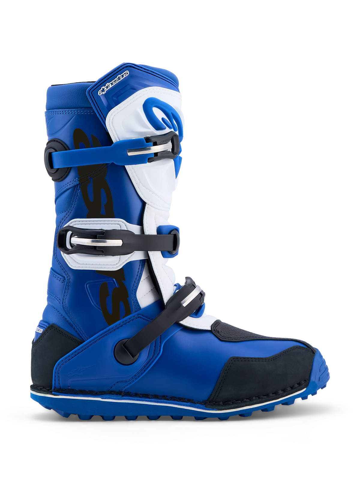 Alpinestars Tech-T Trials Boots, blue and white leather motorcycle boots with a triple buckle system and high-grip rubber sole.