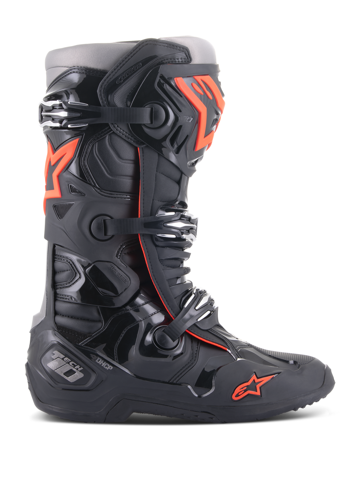 Alpinestars Tech 10 stövlar, motocross- och offroadracingstövlar, svart och röd fluo, med ett trippelspännessystem, skyddande TPU-skal, röd stjärnlogotyp på tån och högpresterande konstruktion för professionell MX-körning
