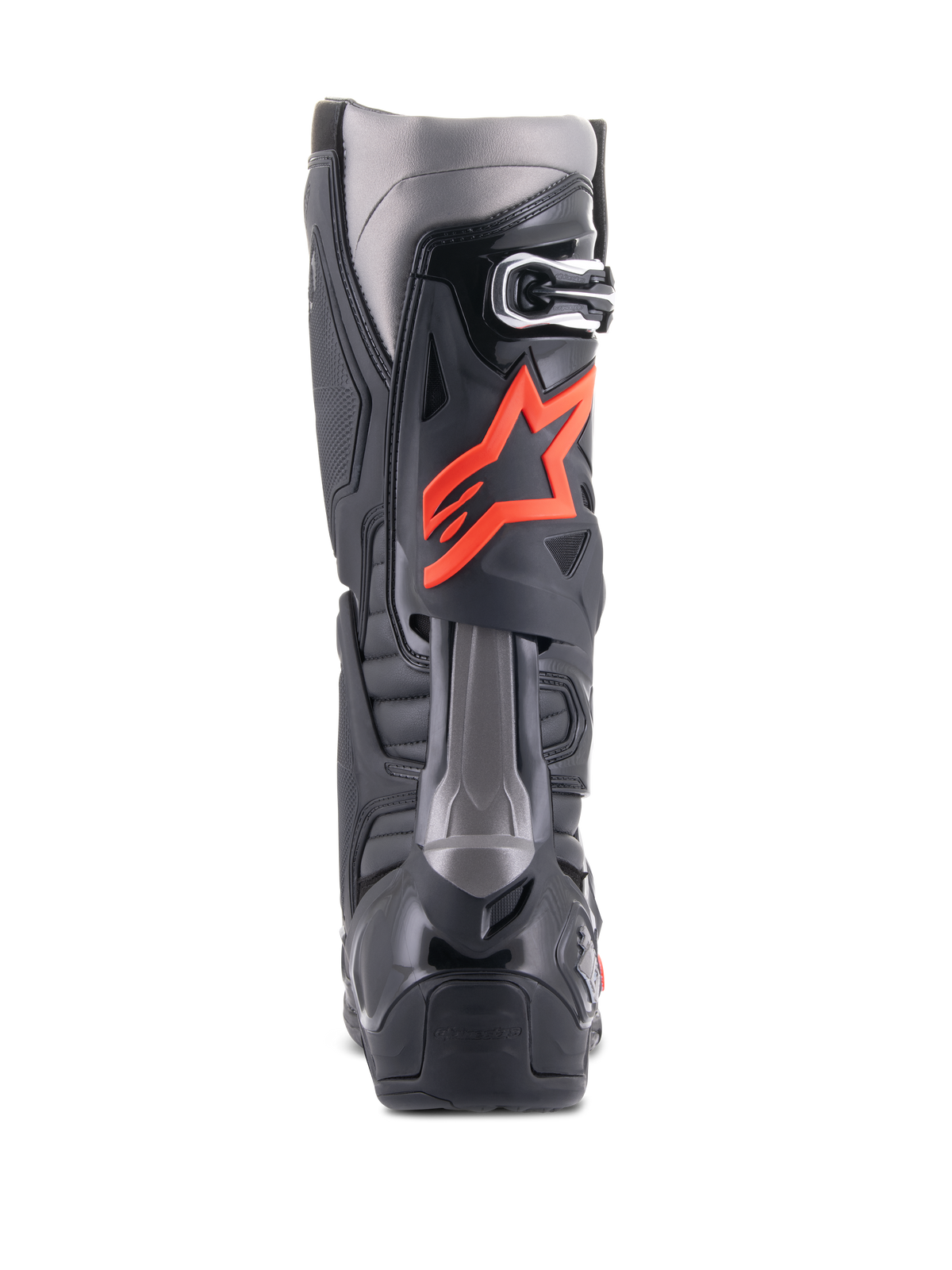 Alpinestars Tech 10-stövlar, motocross-stövlar, svarta och röd fluo, vy bakifrån med tekniskt TPU-skal, mörkgrå paneler och en framträdande fluorescerande röd stjärnlogotyp på vaden