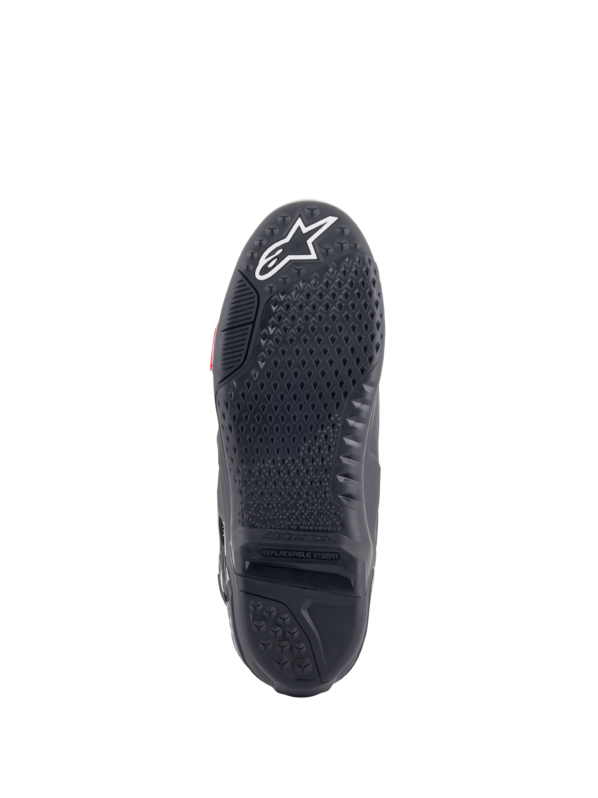 Alpinestars Tech 10-stövlar, motocross-stövlar, vy av svart sula med egenutvecklat greppmönster och texturerad yta, vit stjärnlogotyp på tån samt utbytbar central sulinsats för terrängprestanda